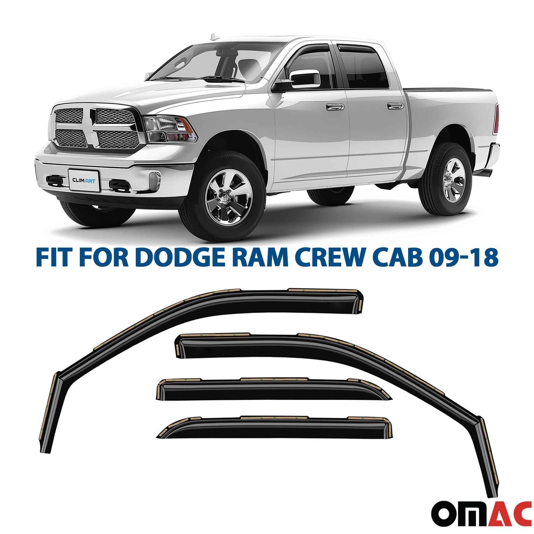 Clim Art Wind Deflectors for Dodge Ram 1500 2009-2018 Crew Cab Shatterproof 4x