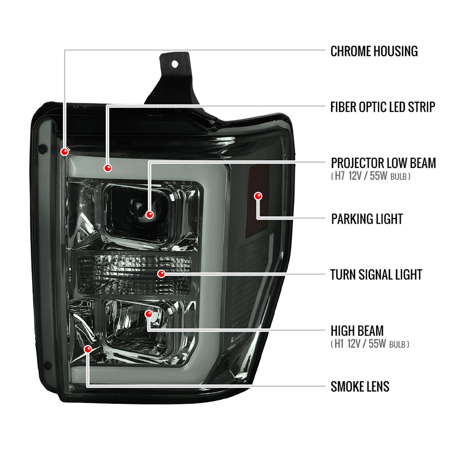 2008-2010 Ford F-250 F-350 F-450 LED C-Bar Projector Headlight Chrome/Smoke