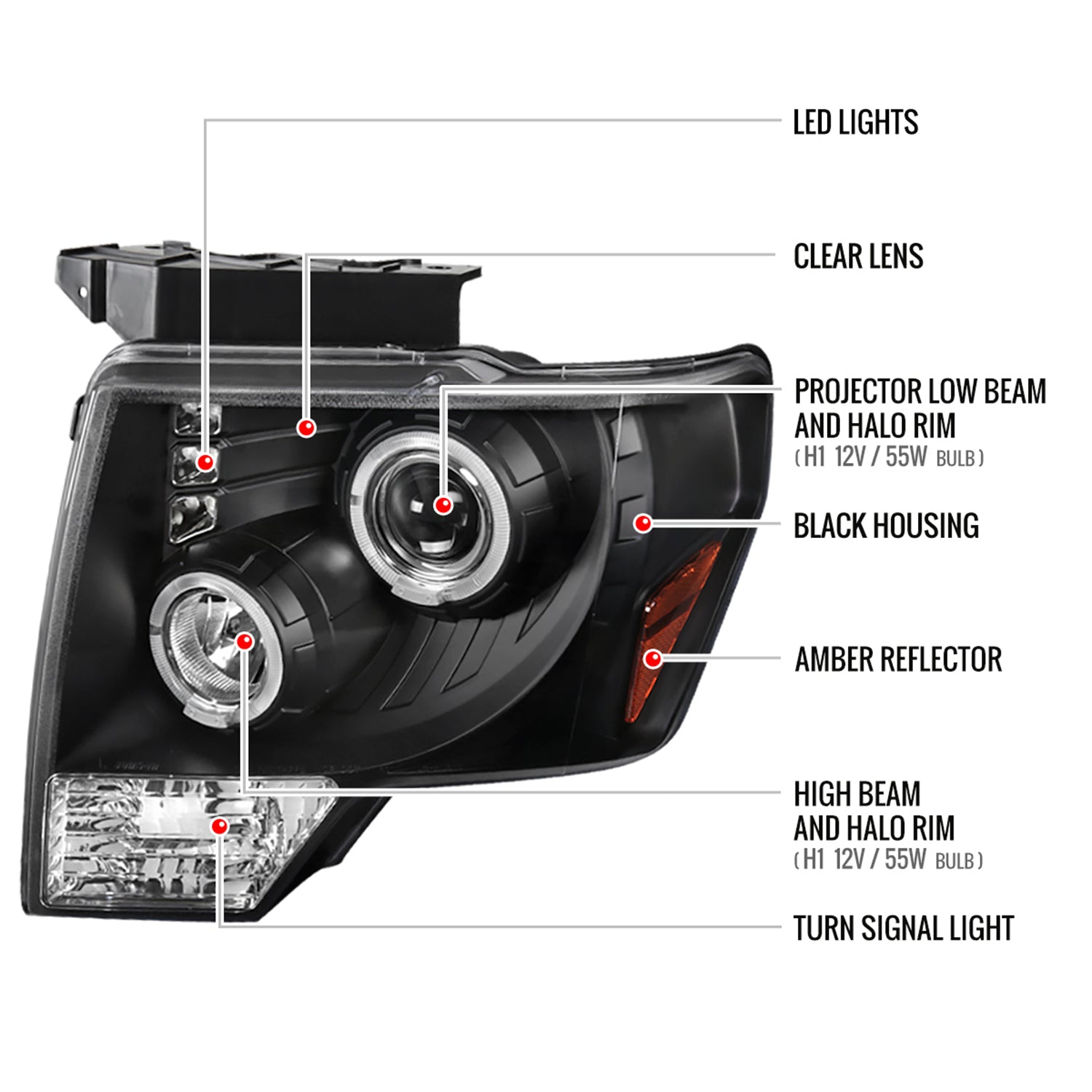 2009-2014 Ford F-150 Dual Halo Projector Headlights Matte Black/Clear Lens