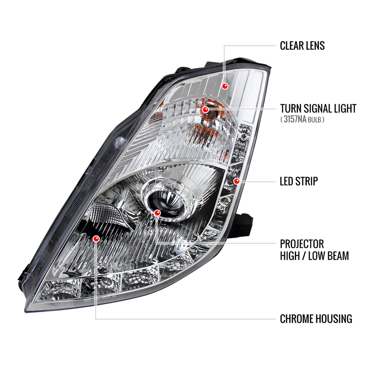 2006-2009 Nissan 350Z SMD LED Light Strip Projector Headlights Chrome/Clear