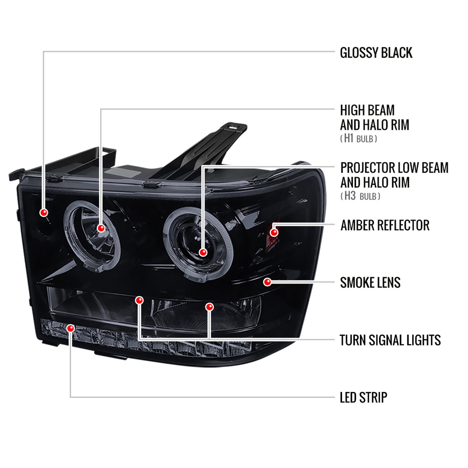 2007-2014 GMC Sierra SMD Dual Halo Projector Headlights Glossy Black/Smoke