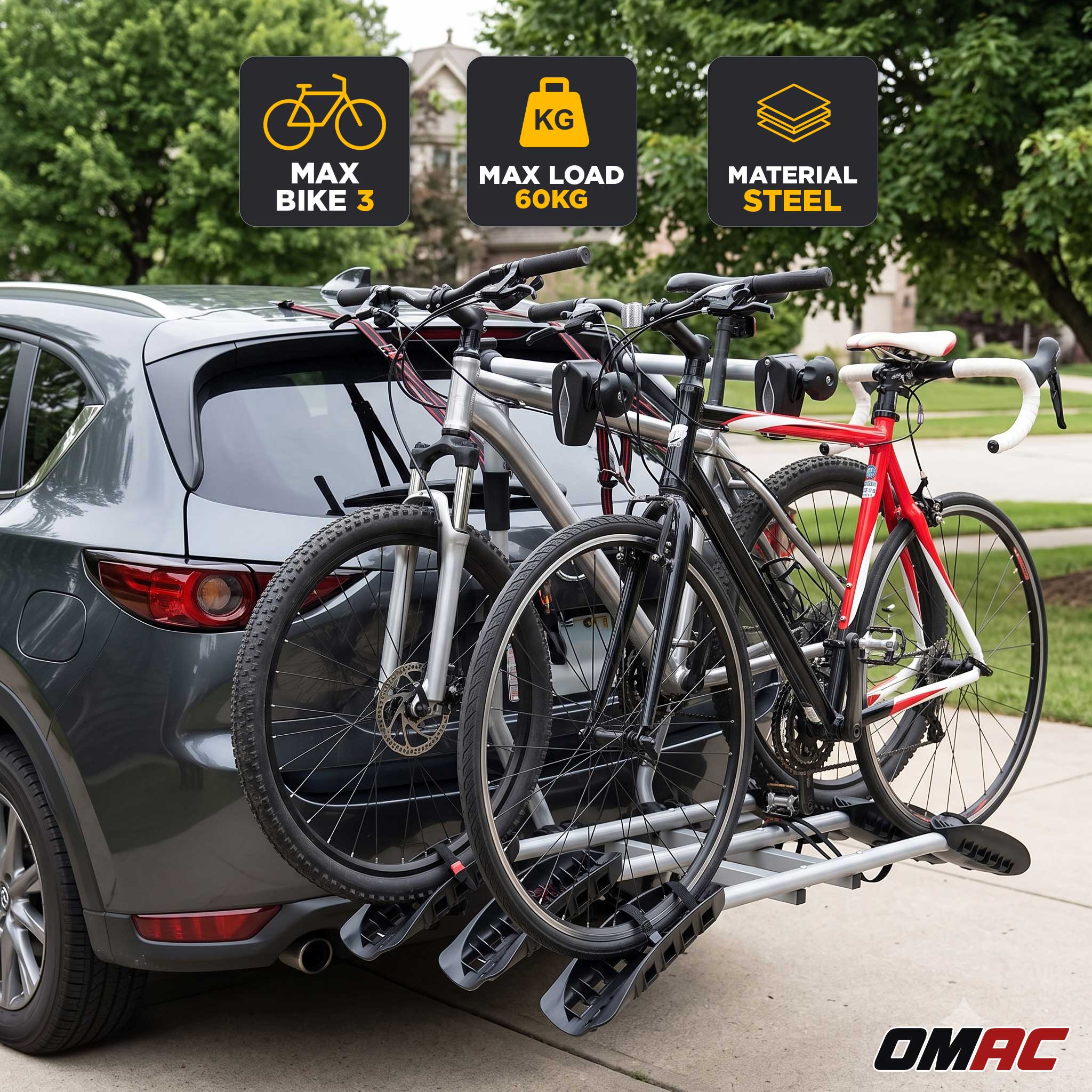 OMAC G3 Hitch Bike Rack 3 Bikes 112.4lb 2-Inch Receiver E-Bike/MTB