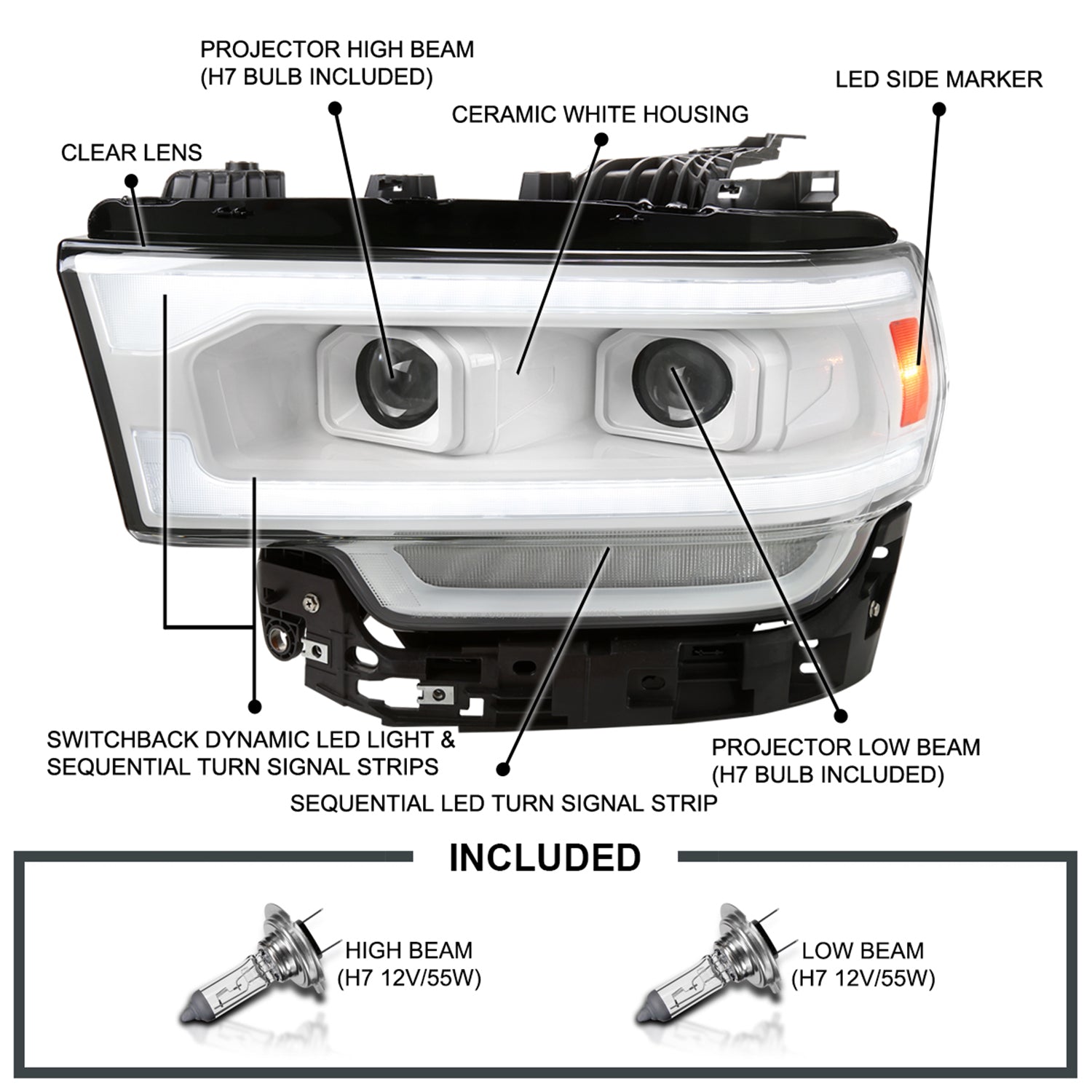 2019-2024 Dodge RAM 2500/3500/4500/5500 LED Signal Headlights White Housing