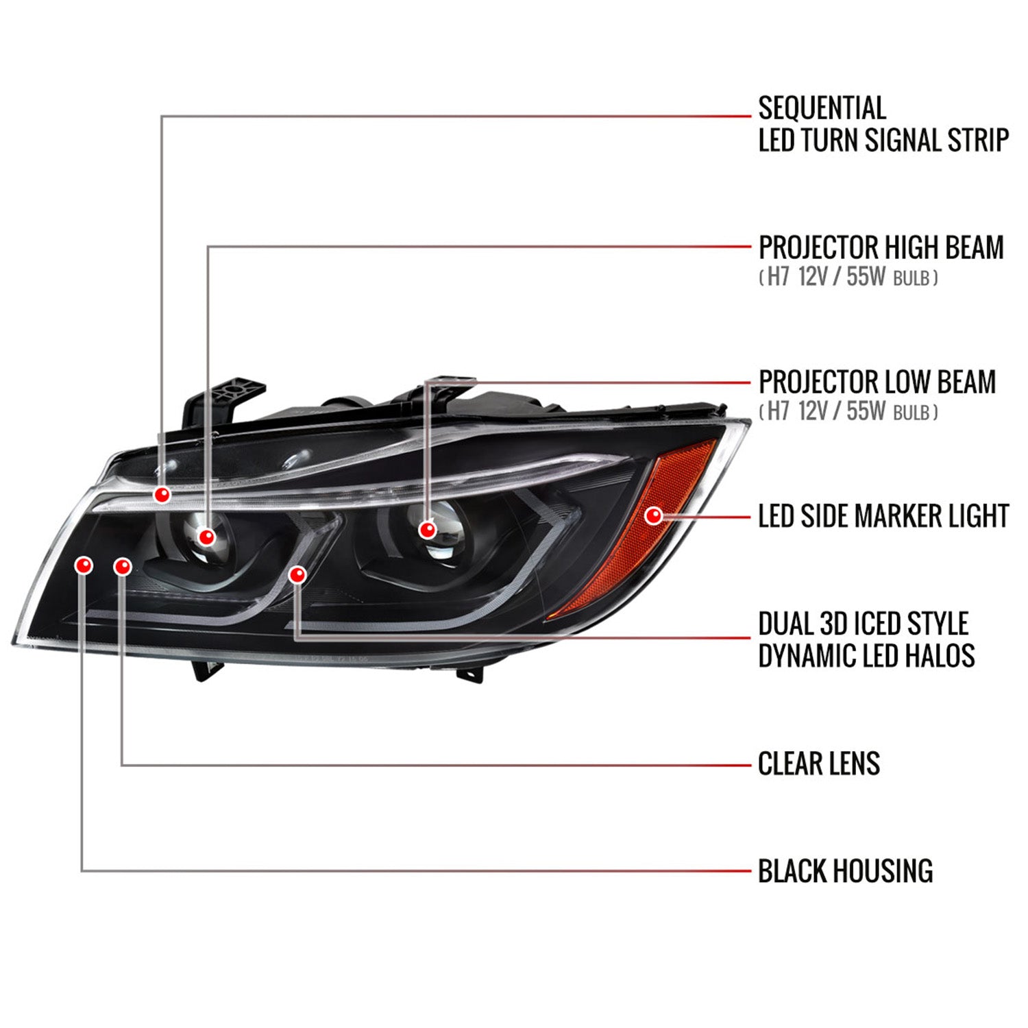2006-2011 BMW E90 3 Series Sedan 3D Iced LED Dual Projector Headlights Black