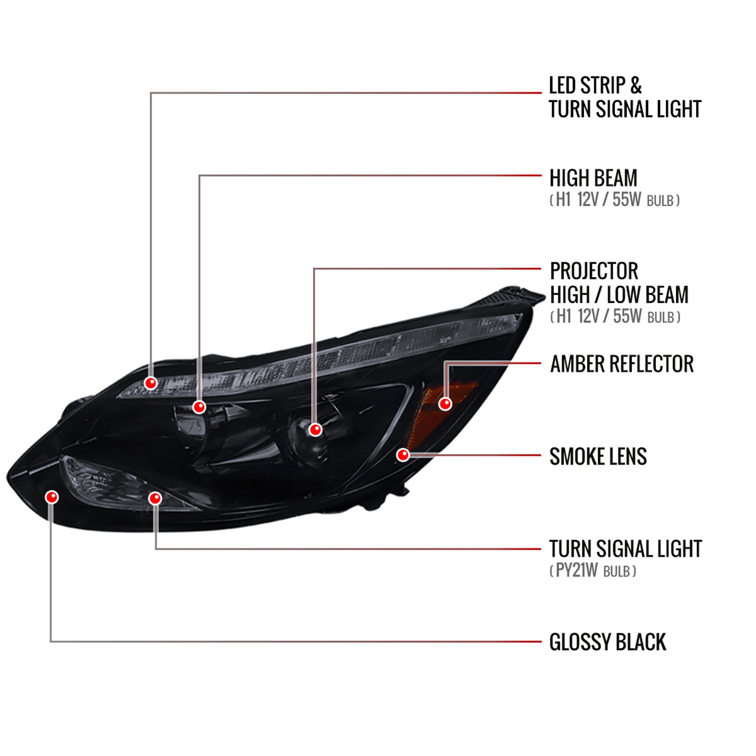 2012-2014 Ford Focus Projector Headlights LED Light &Turn Signal Lights Black