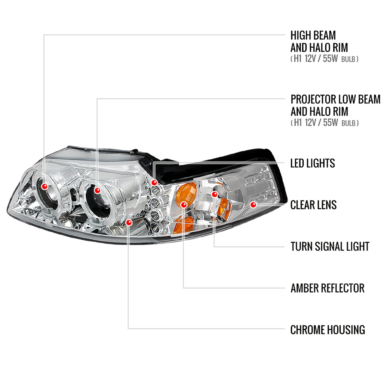 1999-2004 Ford Mustang Dual Halo Projector Headlights Chrome/Clear Lens