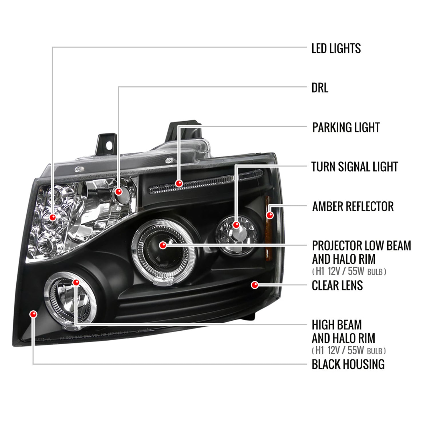 2007-2013 Chevy Avalanche/ 07-2014 Tahoe Suburban Dual Halo Headlights Black