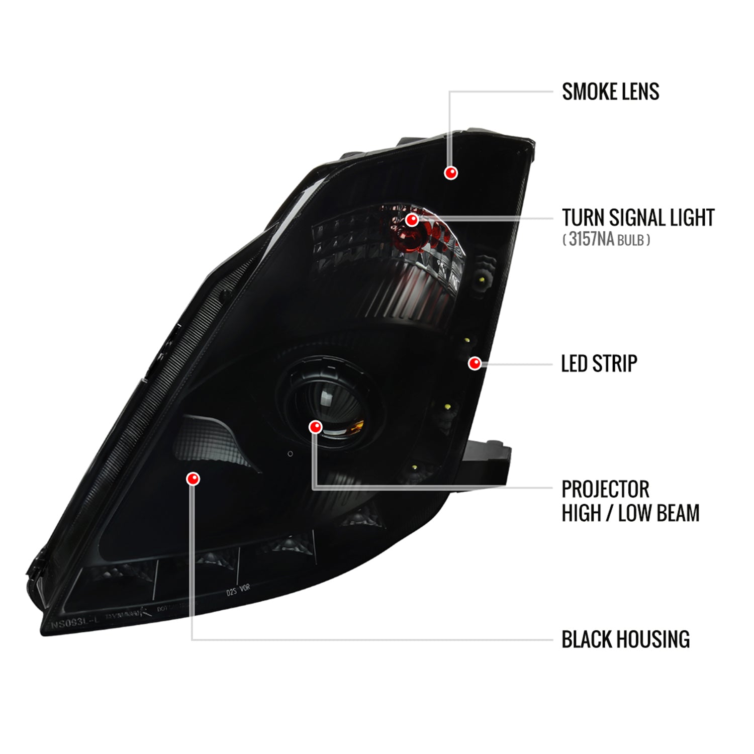 2006-2009 Nissan 350Z SMD LED Light Strip Projector Headlights Black/Smoke