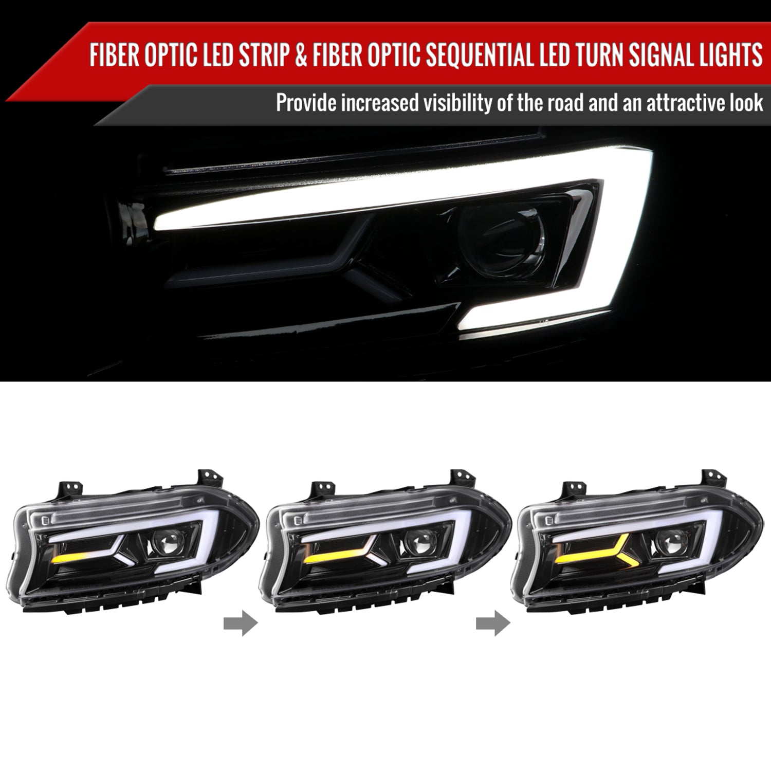 2015-2023 Dodge Charger LED Projector Headlights LED Turn Signal Jet Black