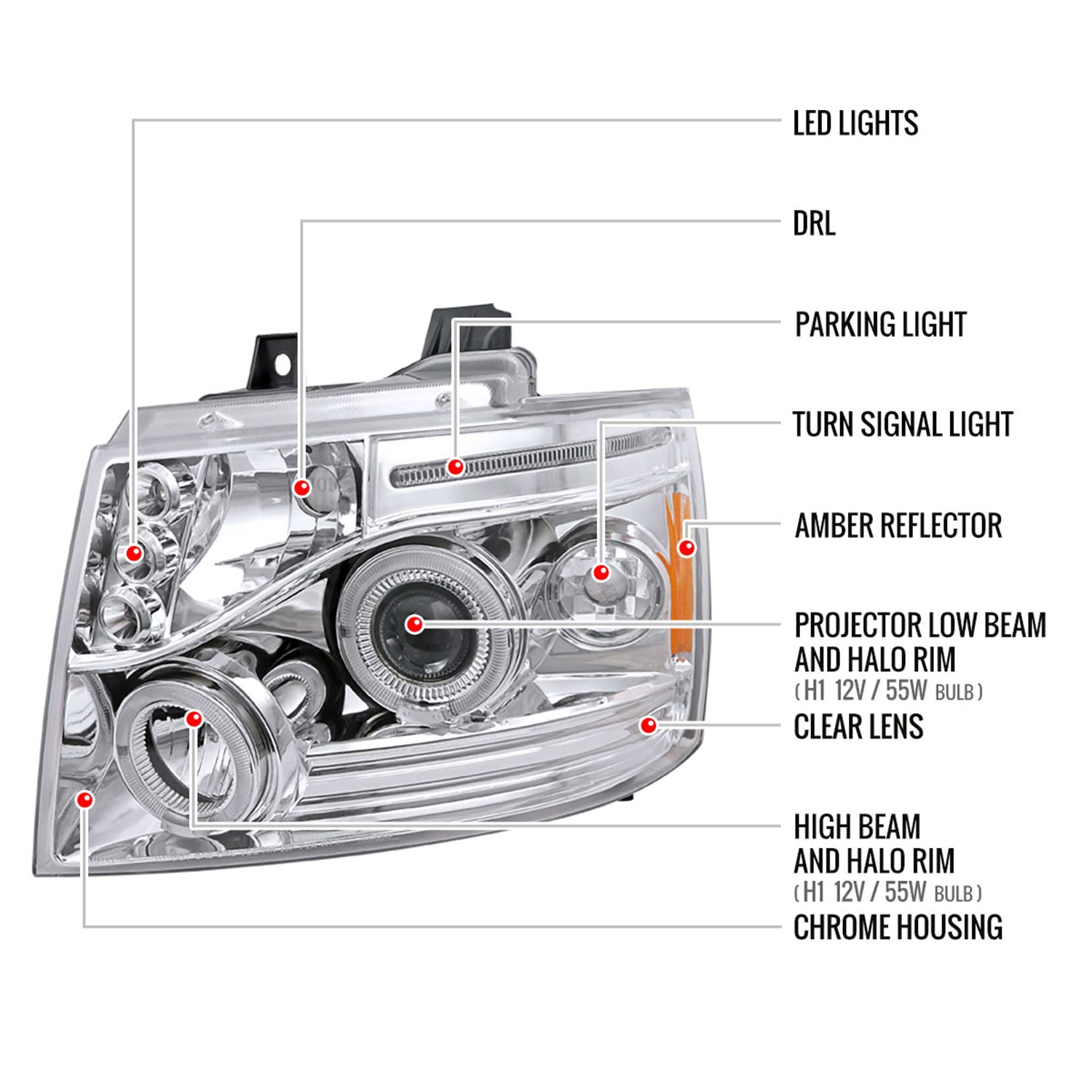 2007-2013 Chevy Avalanche/ 07-2014 Tahoe Suburban Dual Halo Headlights Chrome