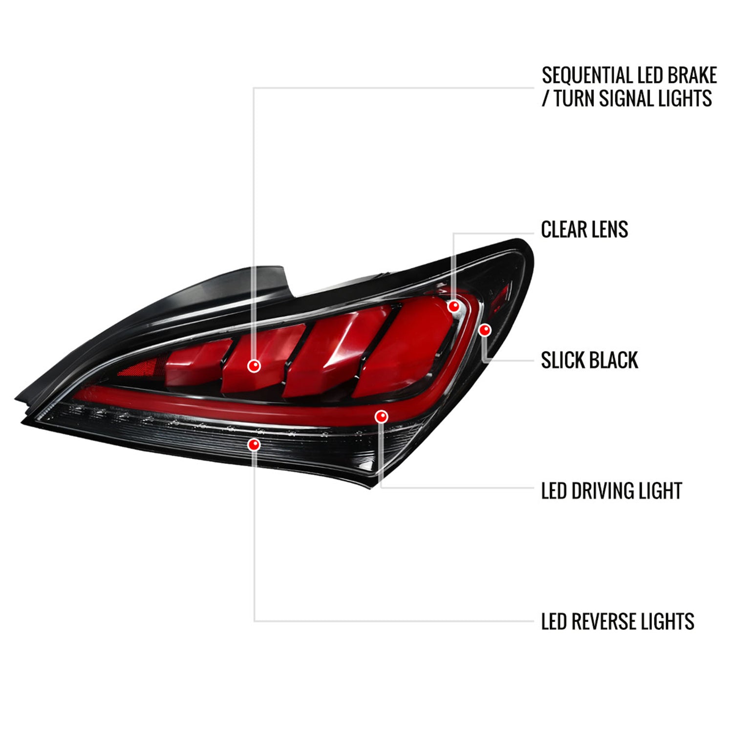 2010-2016 Hyundai Genesis Coupe Red Bar LED Tail Lights Jet Black/Clear