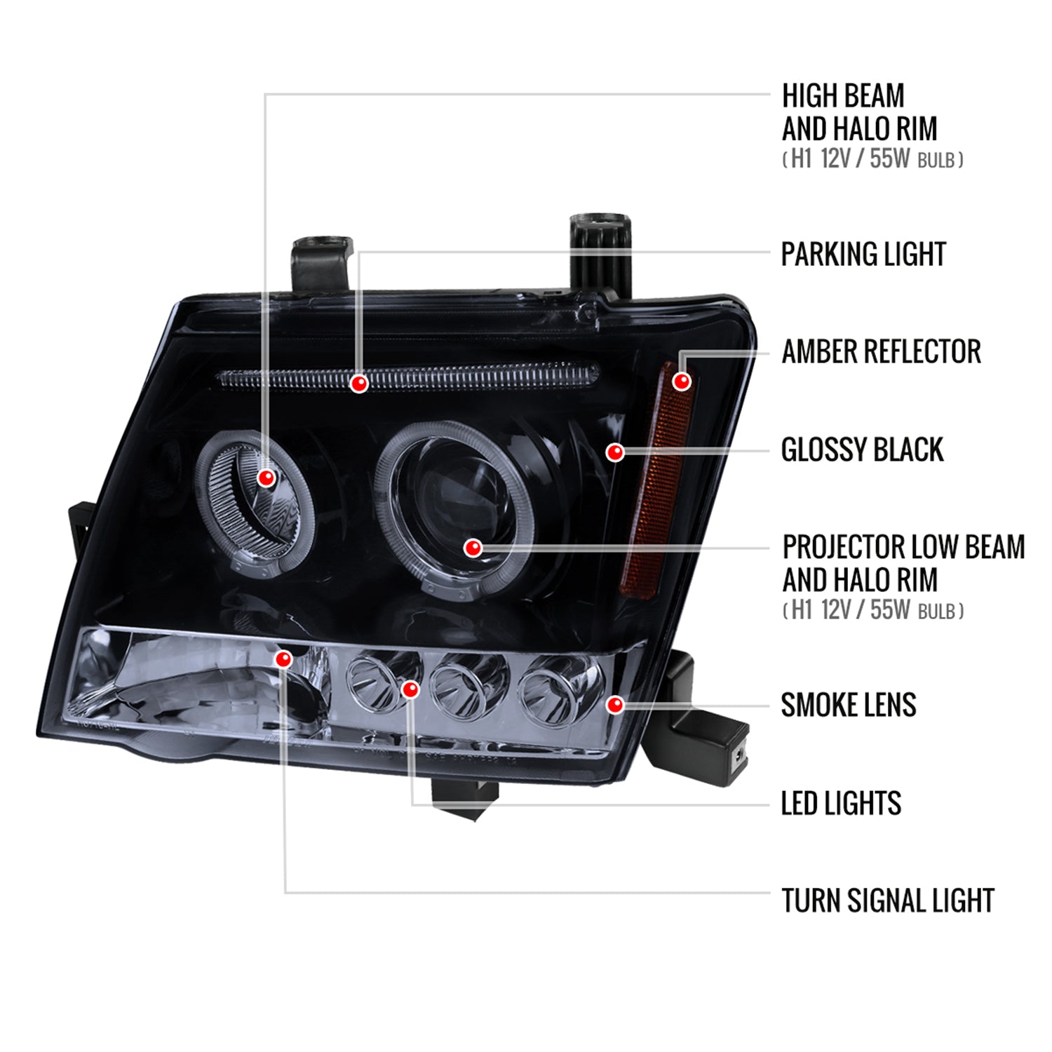 2005-2015 Nissan Xterra Dual Halo Projector Headlights Glossy Black/Smoke Lens