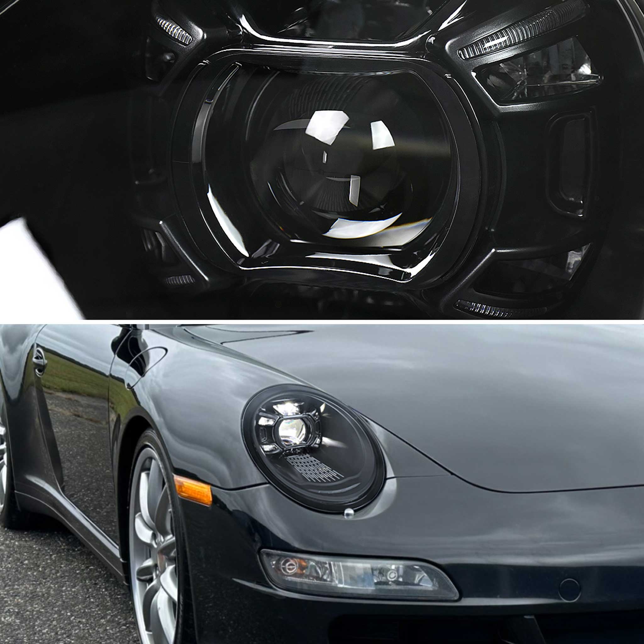 For Porsche 911 997.1 2005-2008 LED Projector DRL Headlights Matte Black Housing Glossy Black Accents Clear Lens