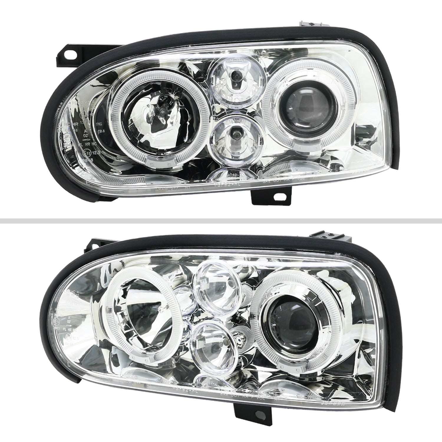 1993-1998 VW Golf Mk3/Cabrio Dual Halo Projector Headlights Chrome/Clear