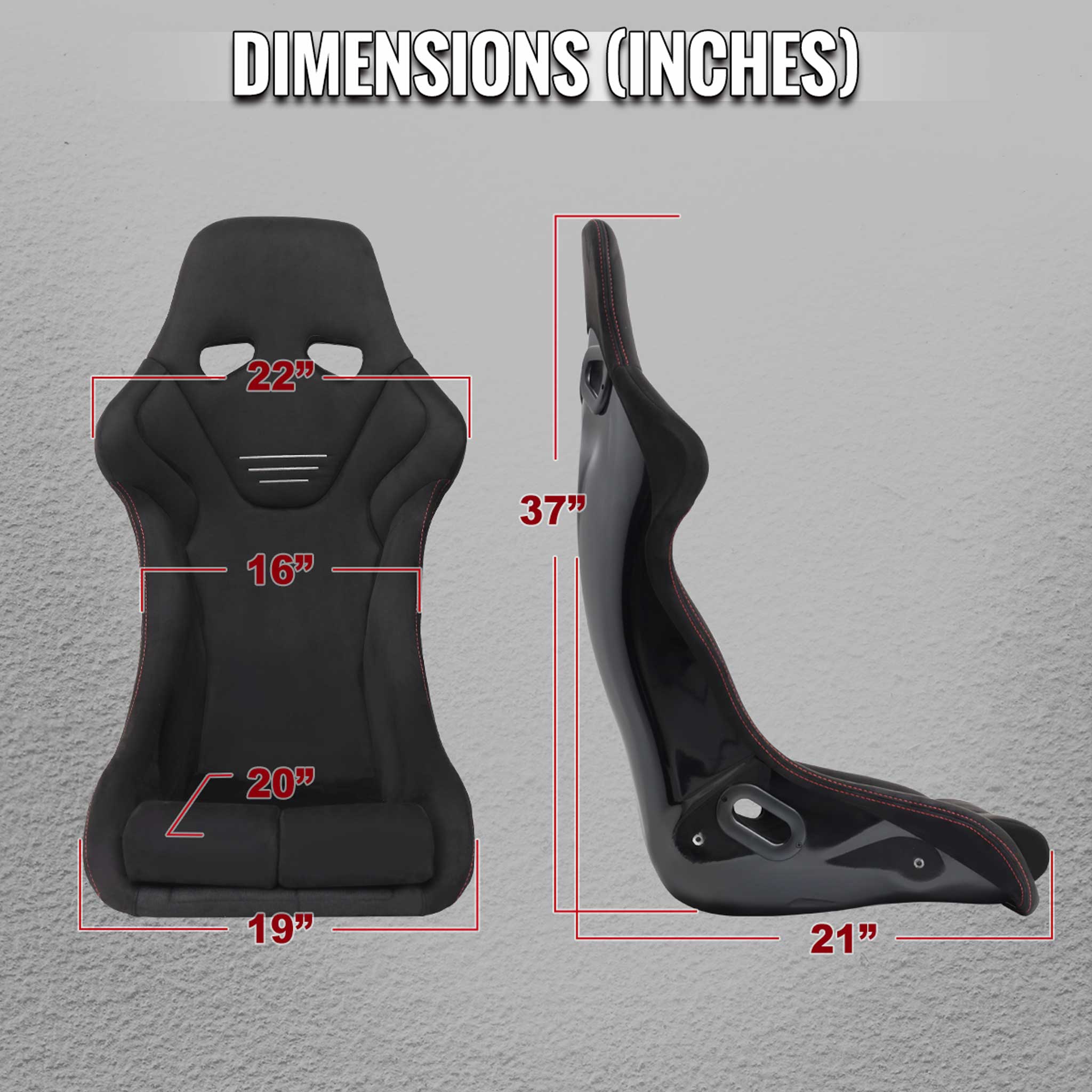 Universal Bucket Racing Seat Fiber Glass Black Suede Double Red Stitch