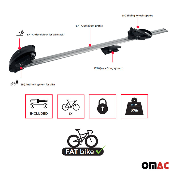Car Rooftop Mounted Bike Carrier Rack Fat Bike Universal Mounting up to 37 Lbs
