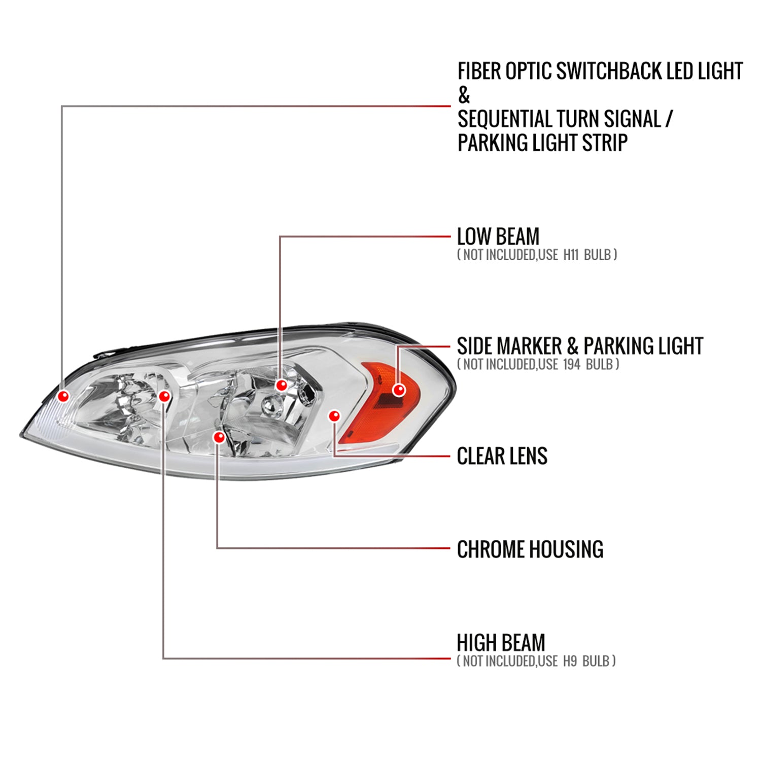 2006-2013 Chevy Impala/Impala Limited/Monte Carlo LED Headlights Chrome