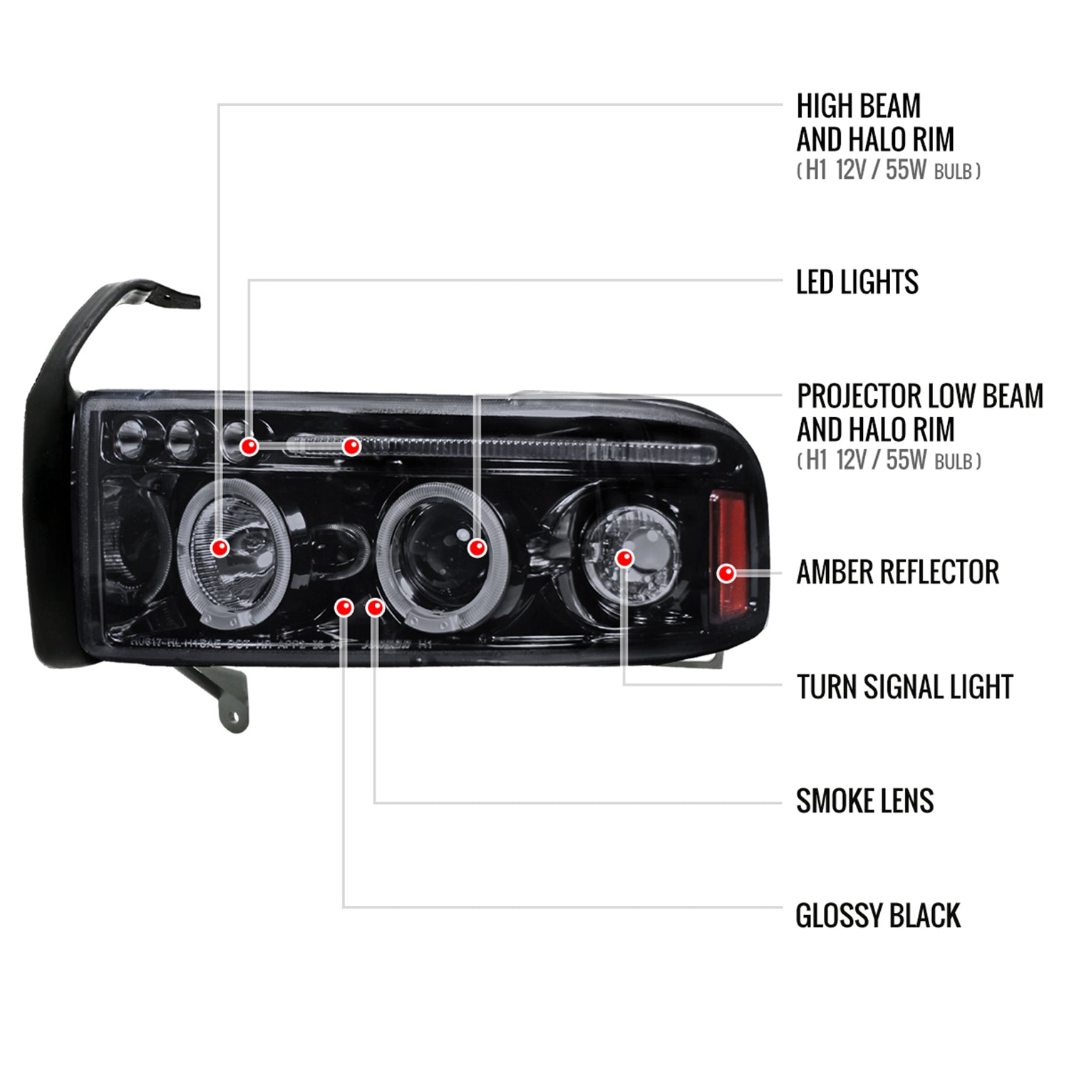 1994-2001 Dodge RAM 1500 2500 3500 Dual Halo Projector Headlights Black/Smoke
