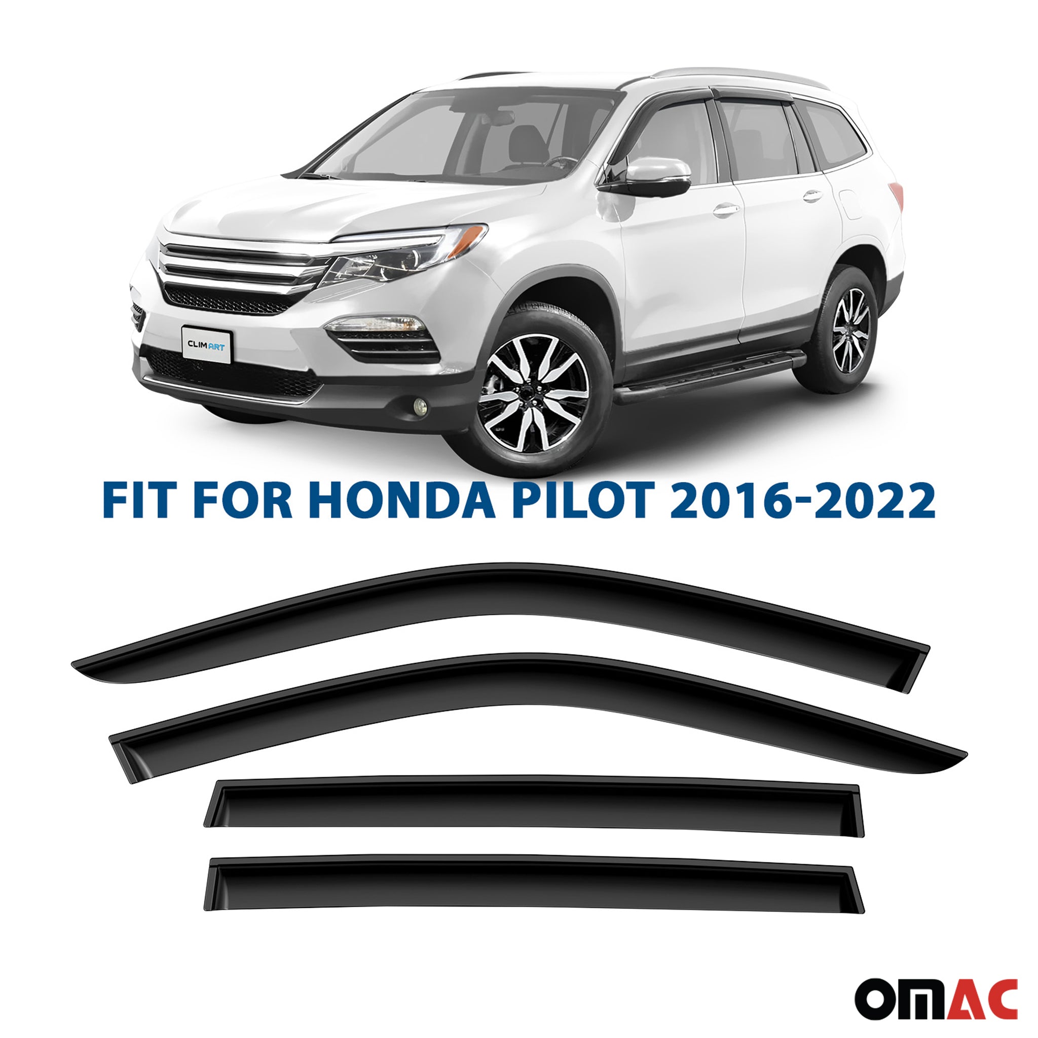 Clim Art Wind Deflectors for Honda Pilot 2016-2022 Tape-On Dark Smoke 4 Pcs