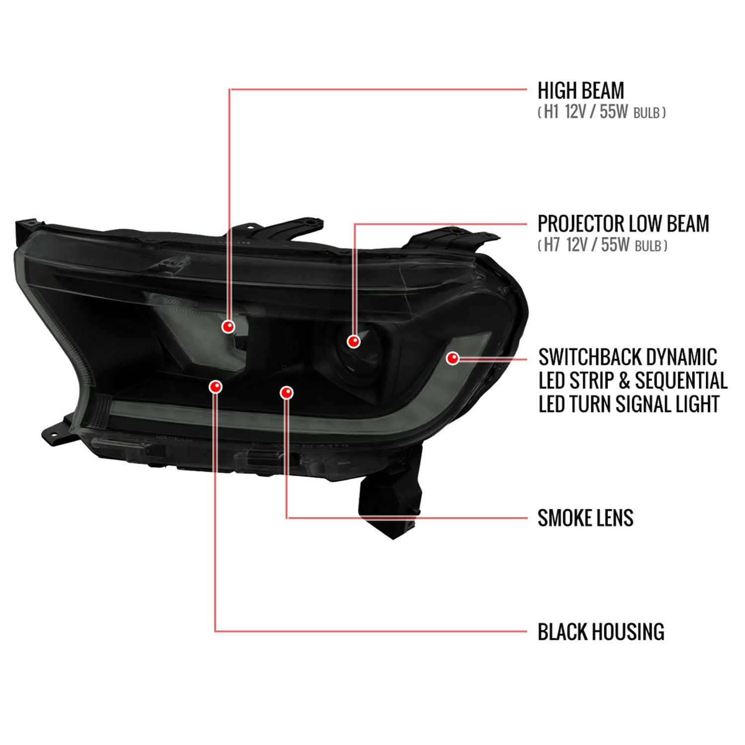 2019-2022 Ford Ranger Sequential LED Bar Projector Headlights Matt Smoke