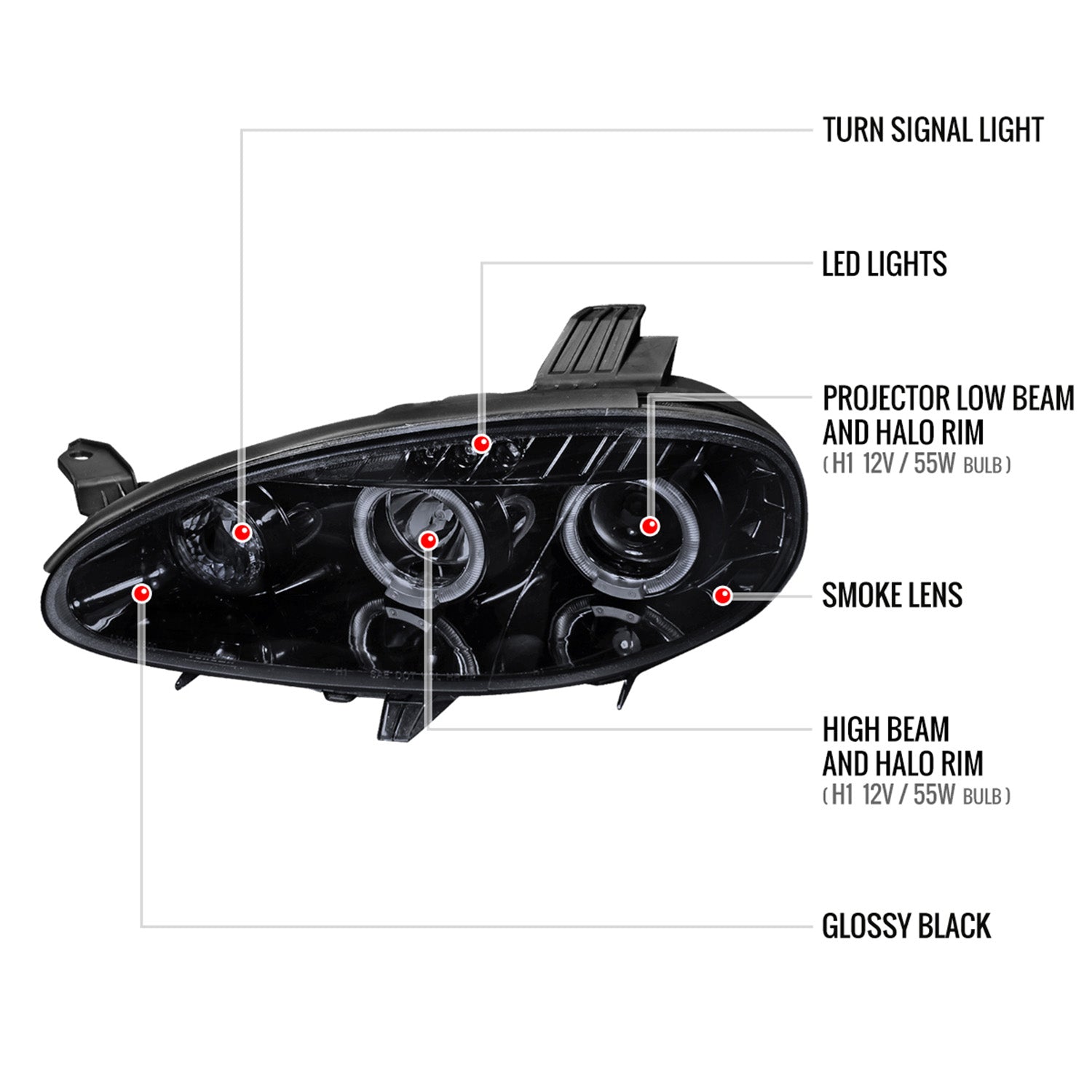 2001-2005 Mazda Miata MX-5 Dual Halo Projector Headlights Glossy Black/Smoke