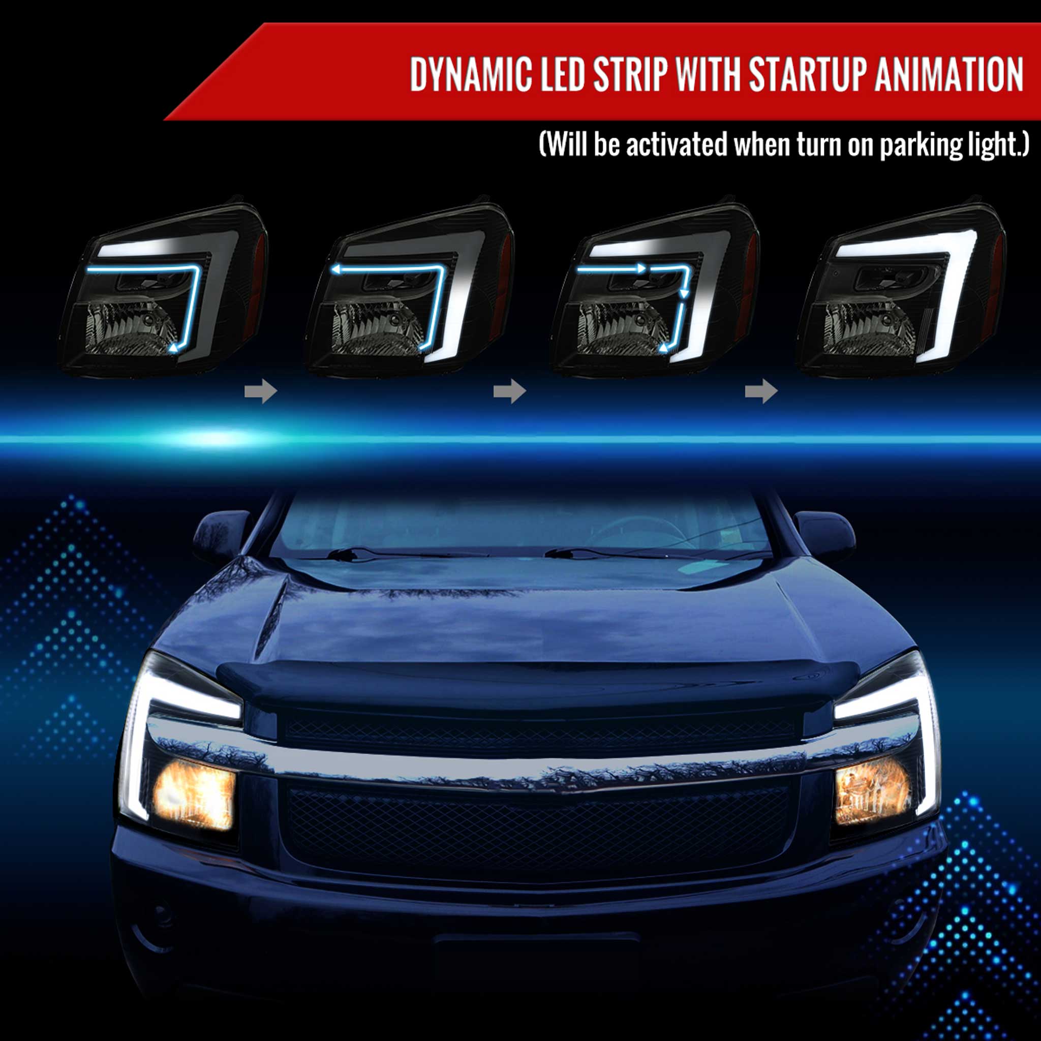 For Chevrolet Equinox 2005-2009 Headlights Switchback LED Bar Turn Signal Matte Black Housing Smoked Lens
