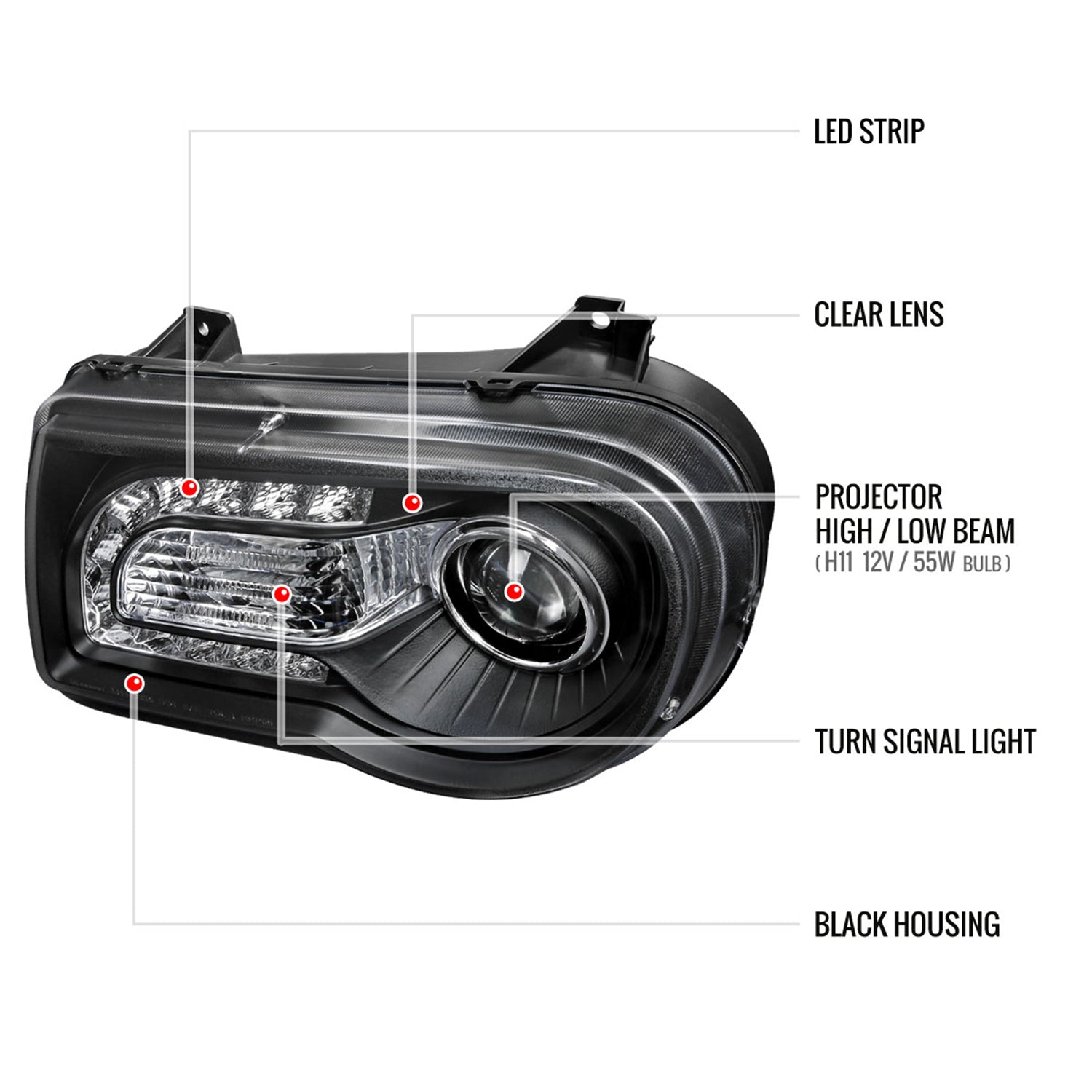 2005-2010 Chrysler 300 Projector Headlights w/LED Light Strip Matt Black/Clear