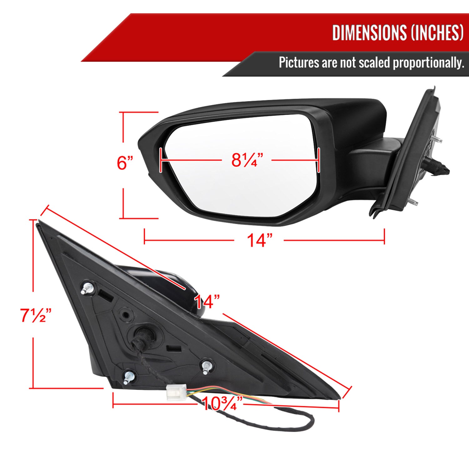 2016-2020 Honda Civic Driver/Left 3-Pin Glossy Black Adjustable Side Mirror