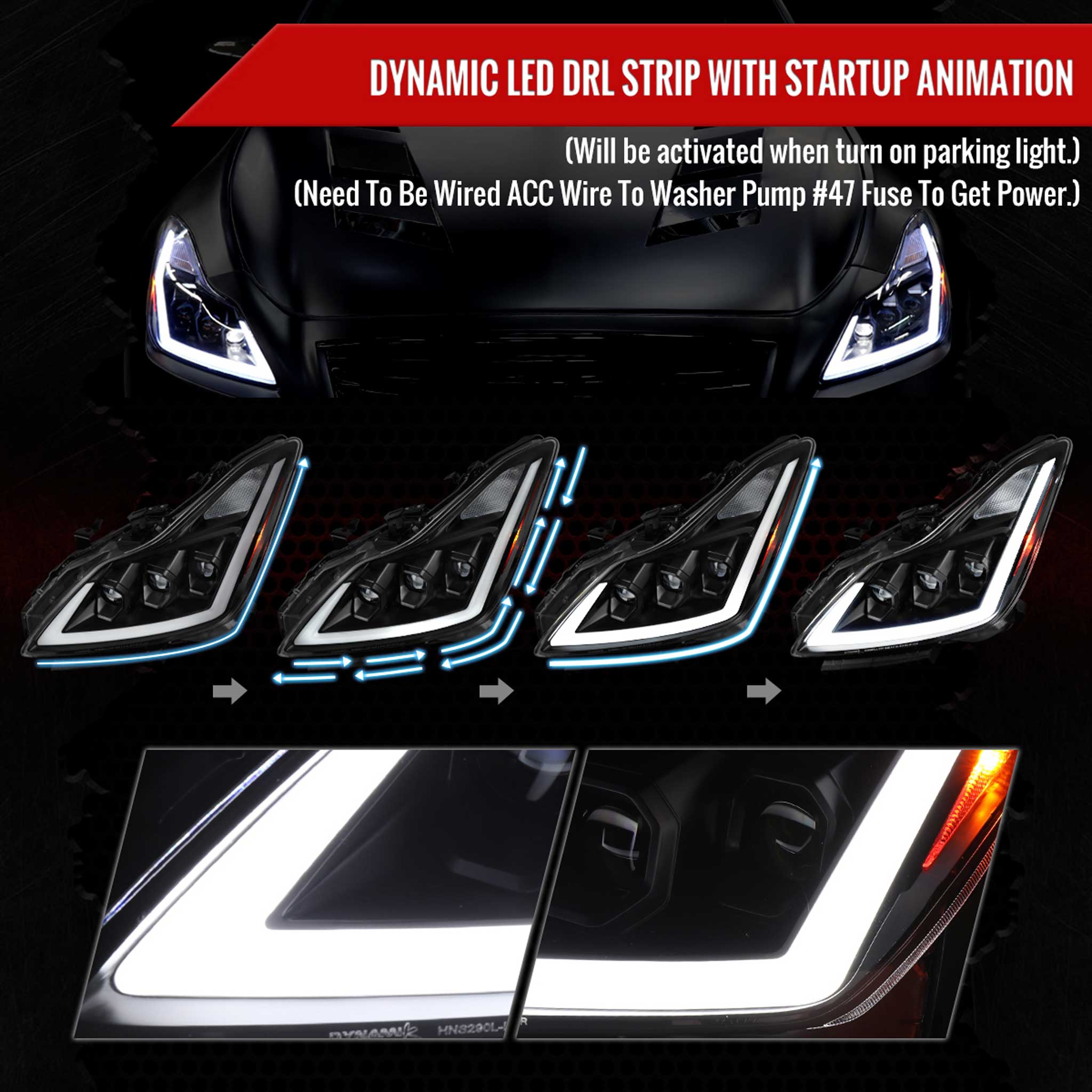For Infiniti G37 2008-13 / Q60 Coupe 2014-15 LED Triple Projector Headlights Sequential Matte Black Clear Lens Switchback