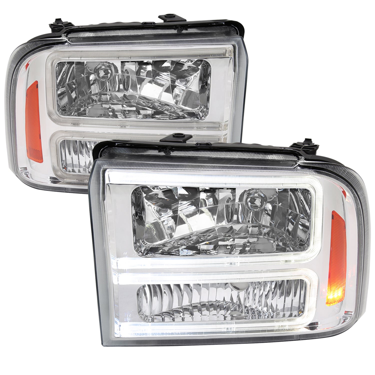 2005-2007 Ford F250/350/450 SuperDuty Dual LED C-Bar Factory Headlights Chrome