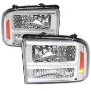 2005-2007 Ford F250/350/450 SuperDuty Dual LED C-Bar Factory Headlights Chrome