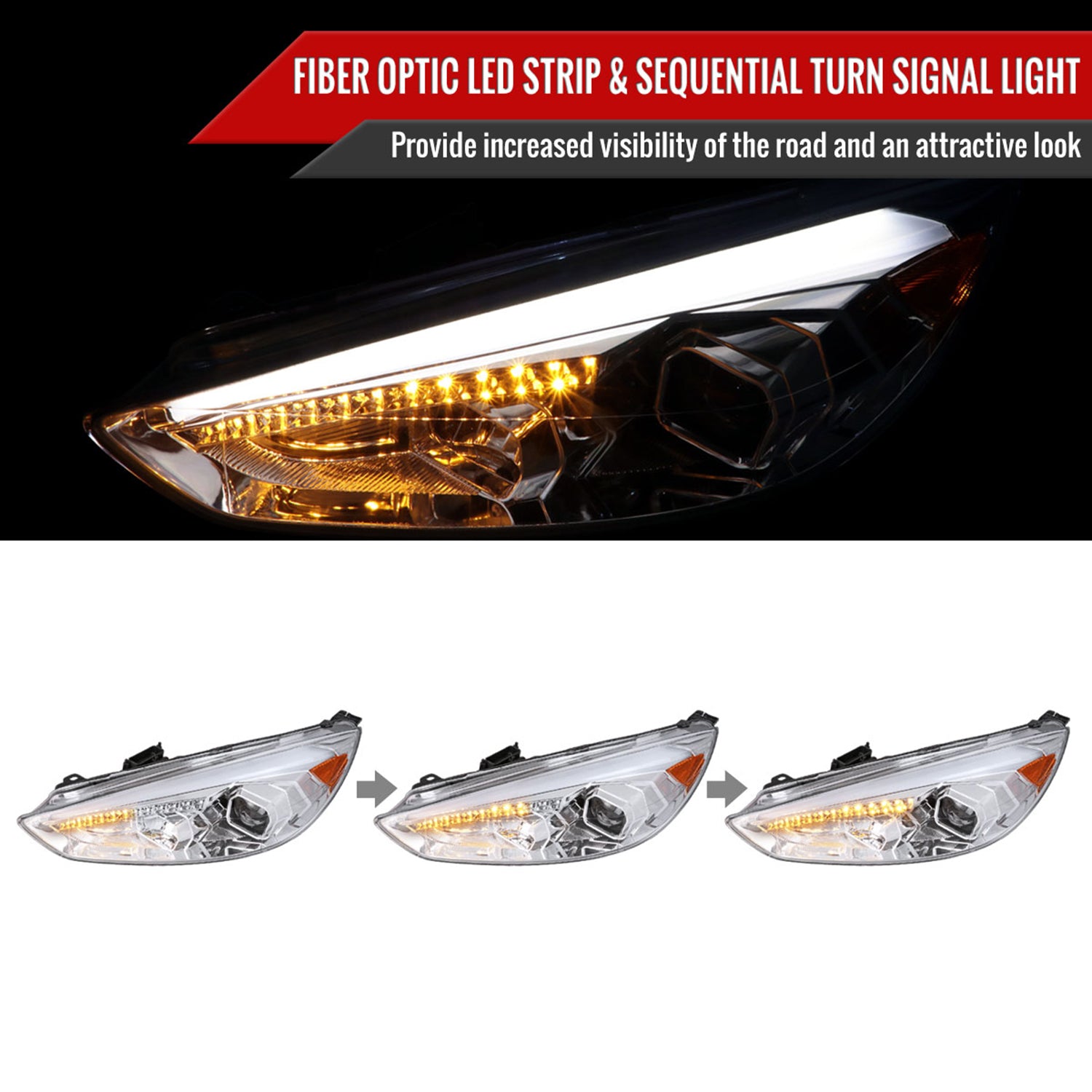 2015-2018 Ford Focus LED Sequential Signal Projector Headlights Chrome/Clear