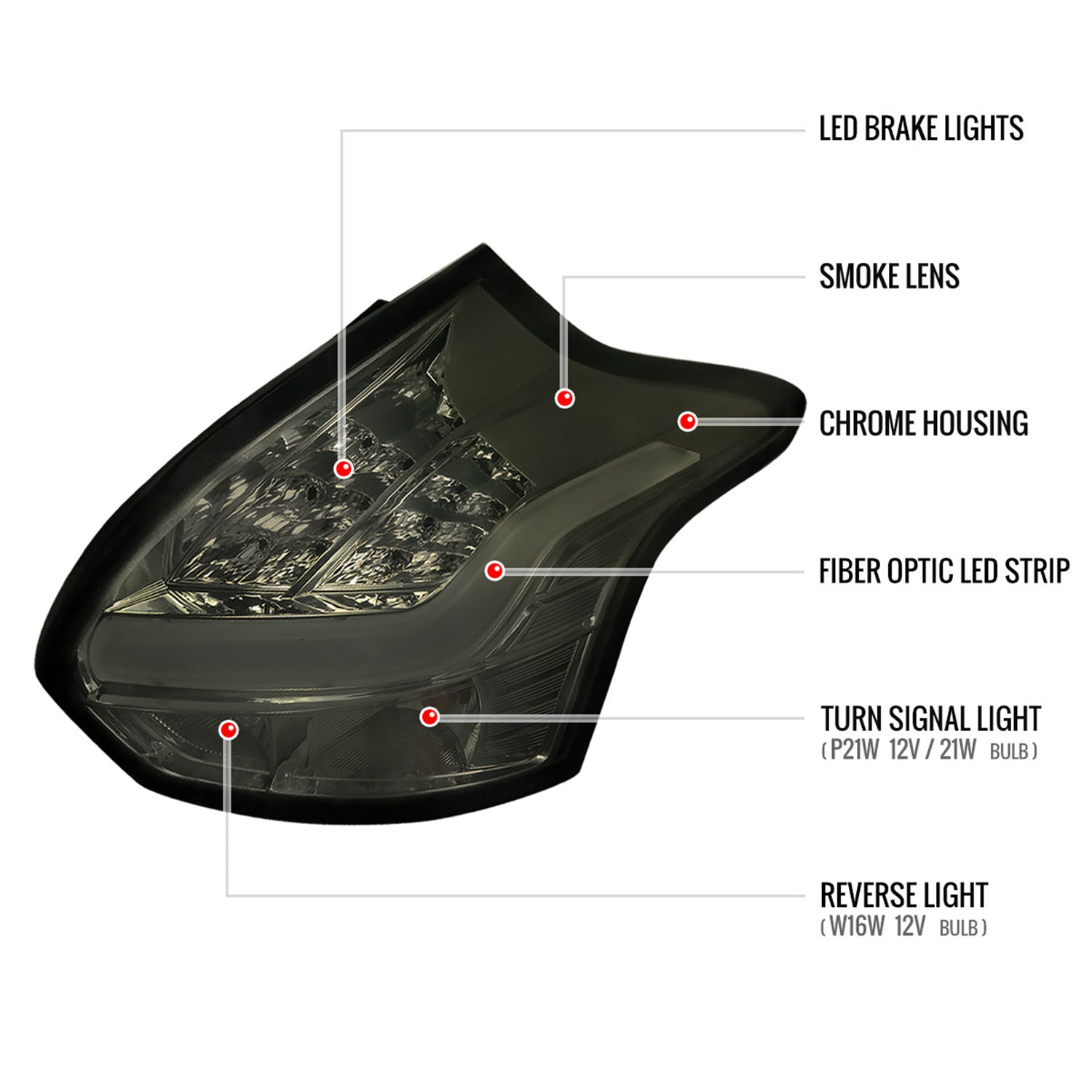2012-2014 Ford Focus Hatchback LED Tail Lights Chrome Housing/Smoke Lens