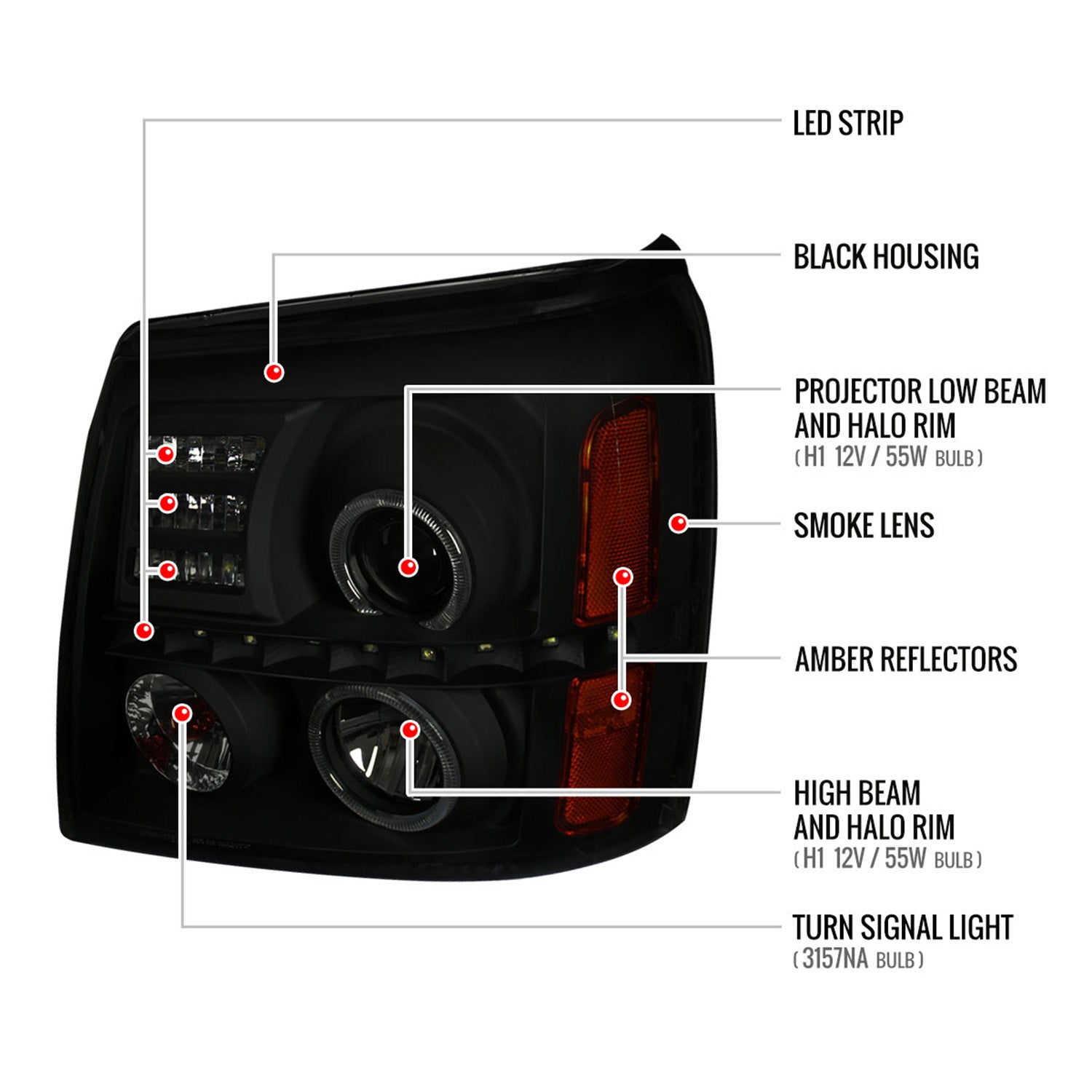 2002-2006 Cadillac Escalade Dual Halo Projector Headlights SMD LED Light Smoke