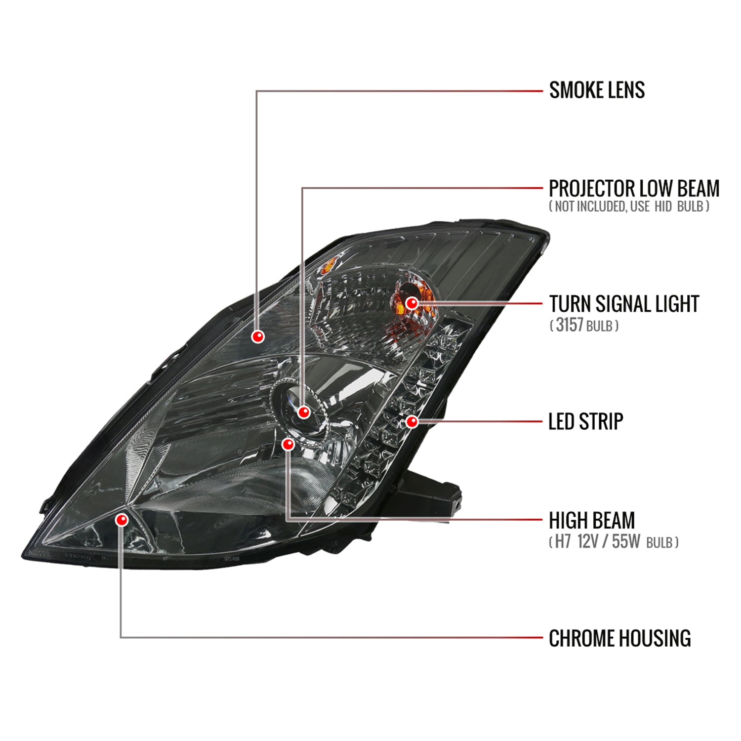 2003-2005 Nissan 350Z Projector Headlights w/ SMD LED Light Strip Chrome/Smoke