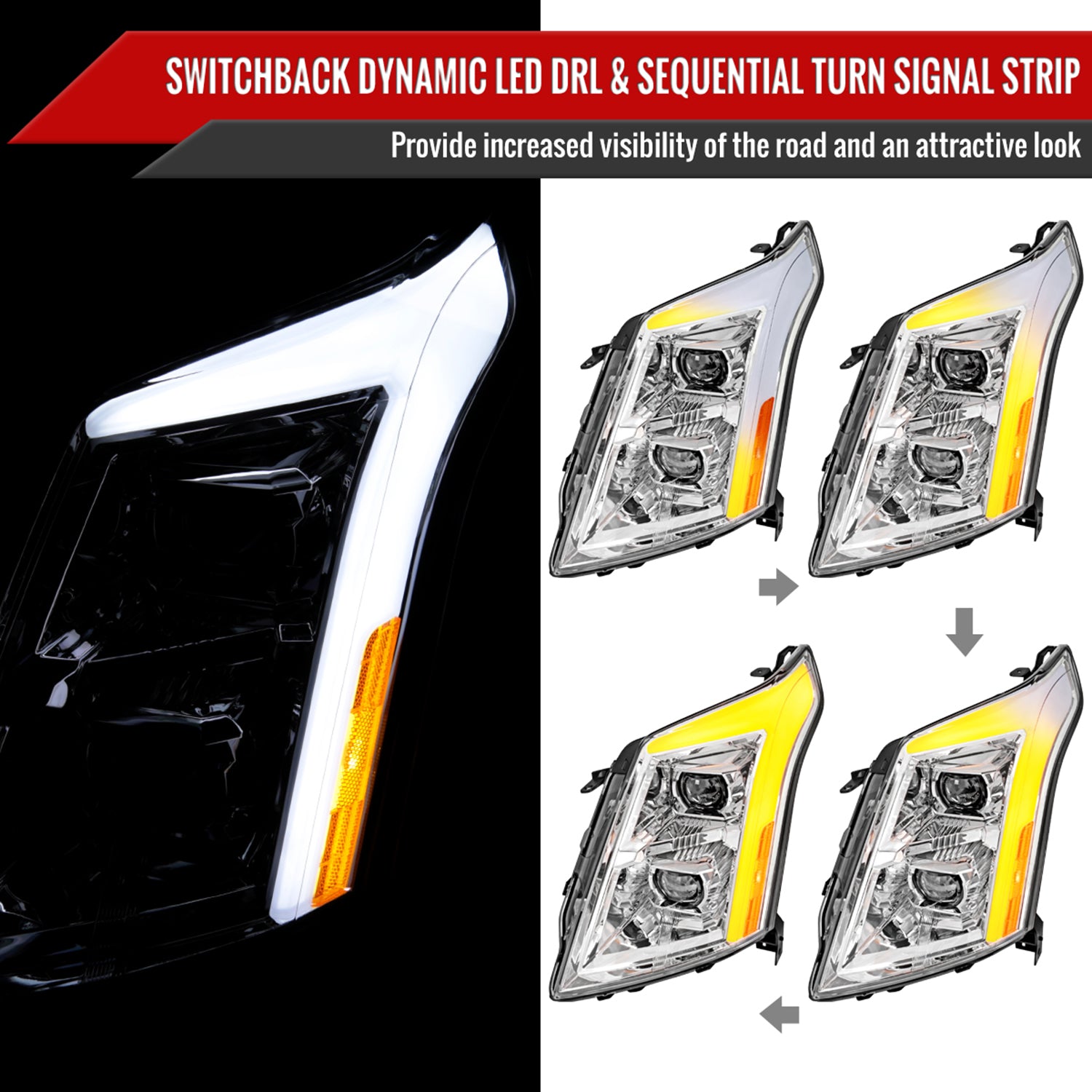 2010-2016 Cadillac SRX Full Sequential LED DRL Projector Headlights Chrome