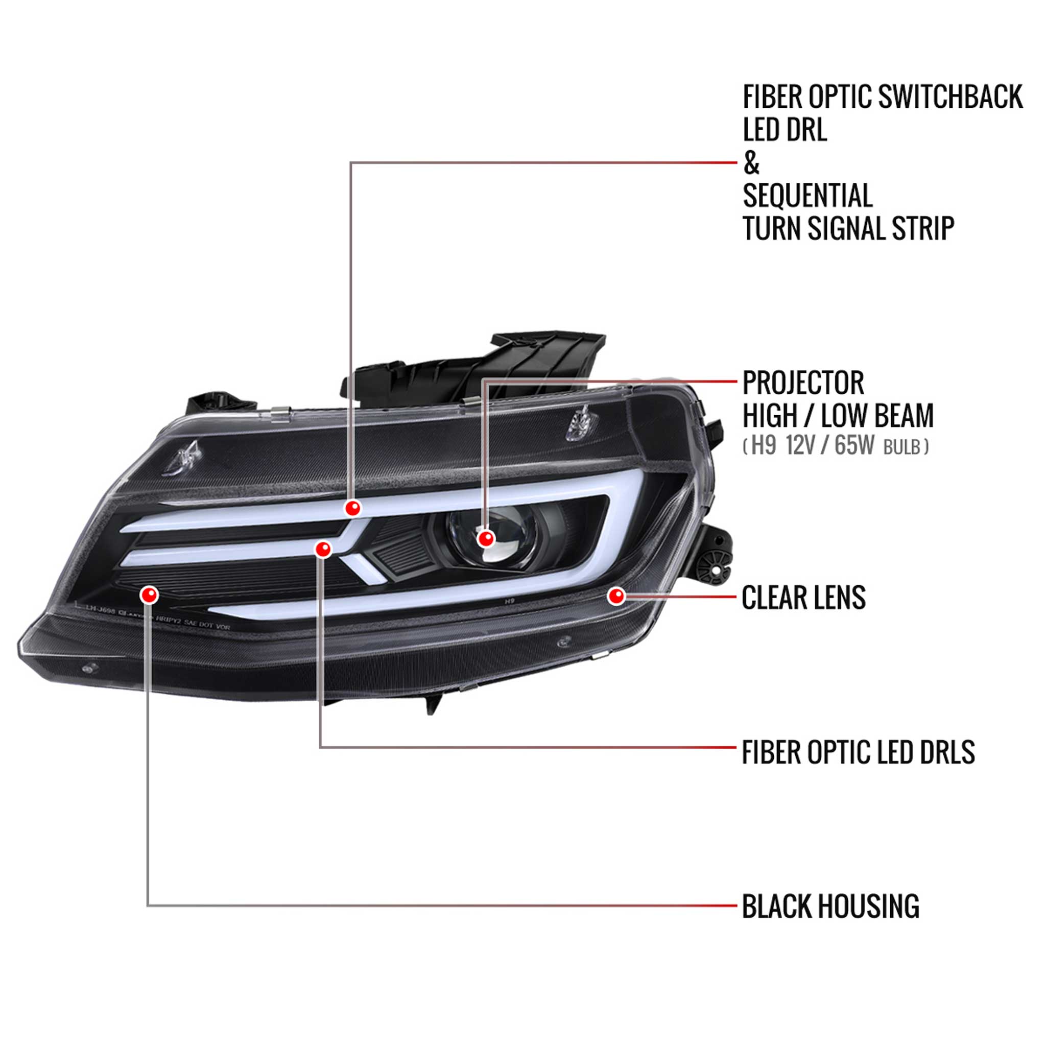 For Chevrolet Camaro 2016-2018 LED Strip Projector Headlights Turn Signal Lights Matte Black Housing Clear Lens