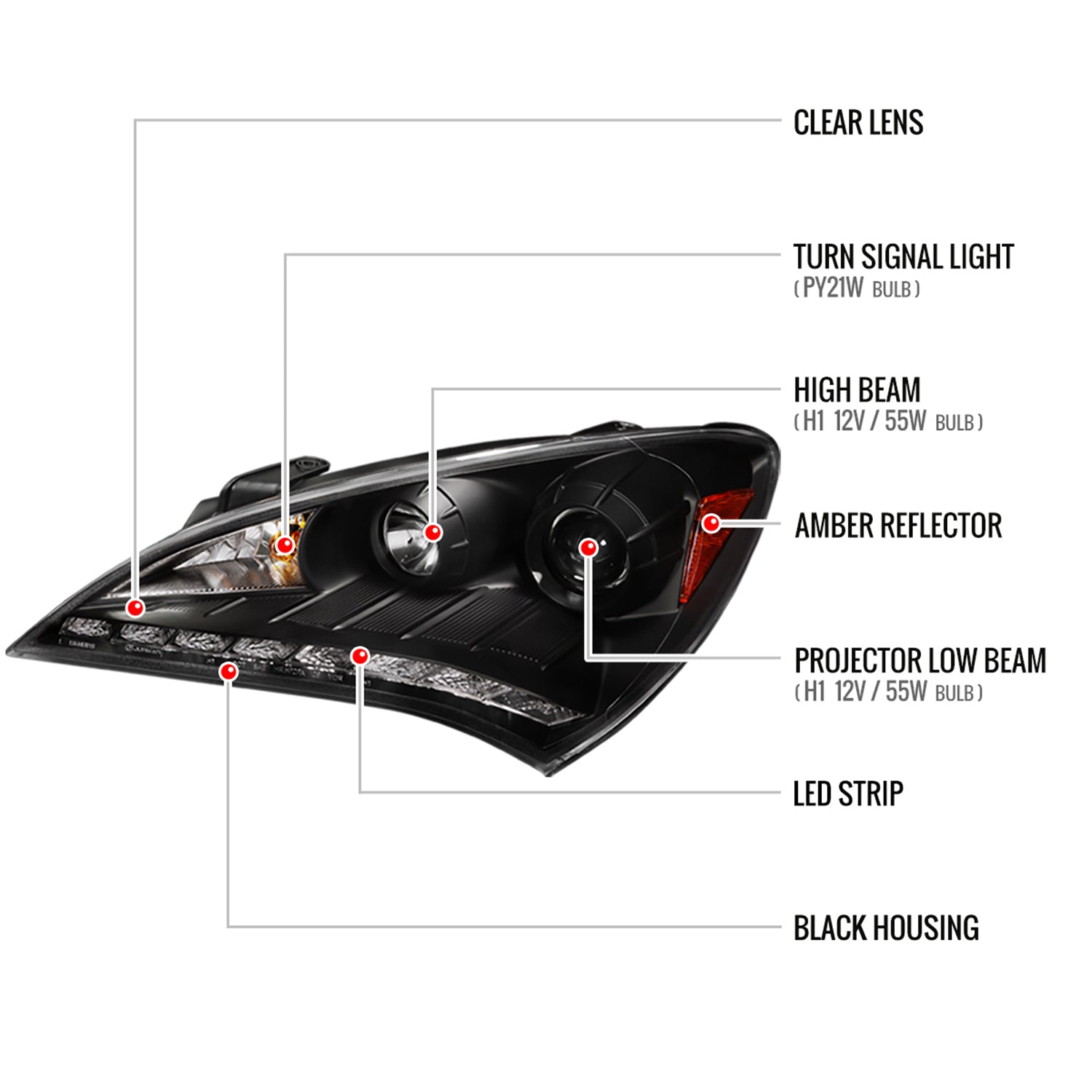 2010-2012 Hyundai Genesis Coupe Projector Headlights SMD LED Light Strip Black