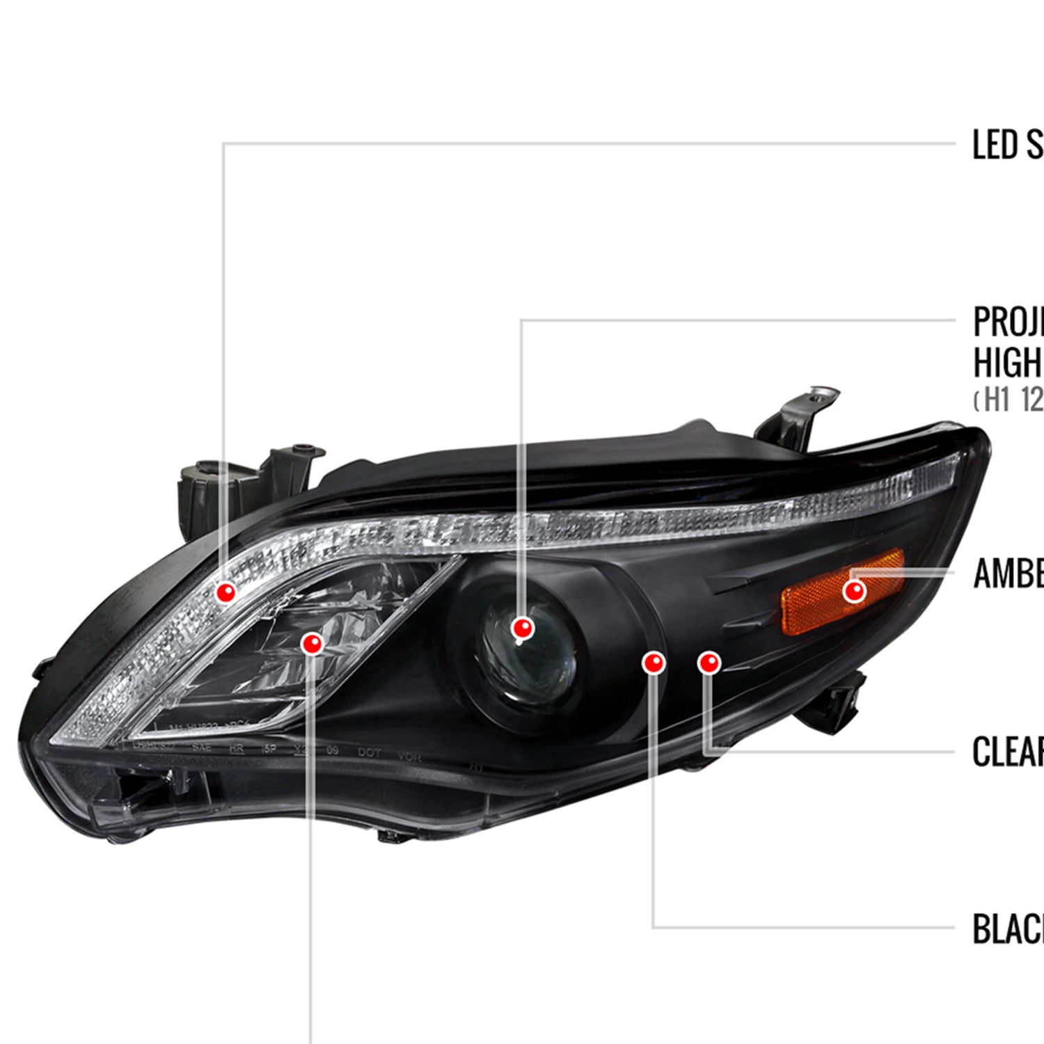 2011-2013 Toyota Corolla Projector Headlights LED Light Strip Matt Black/Clear