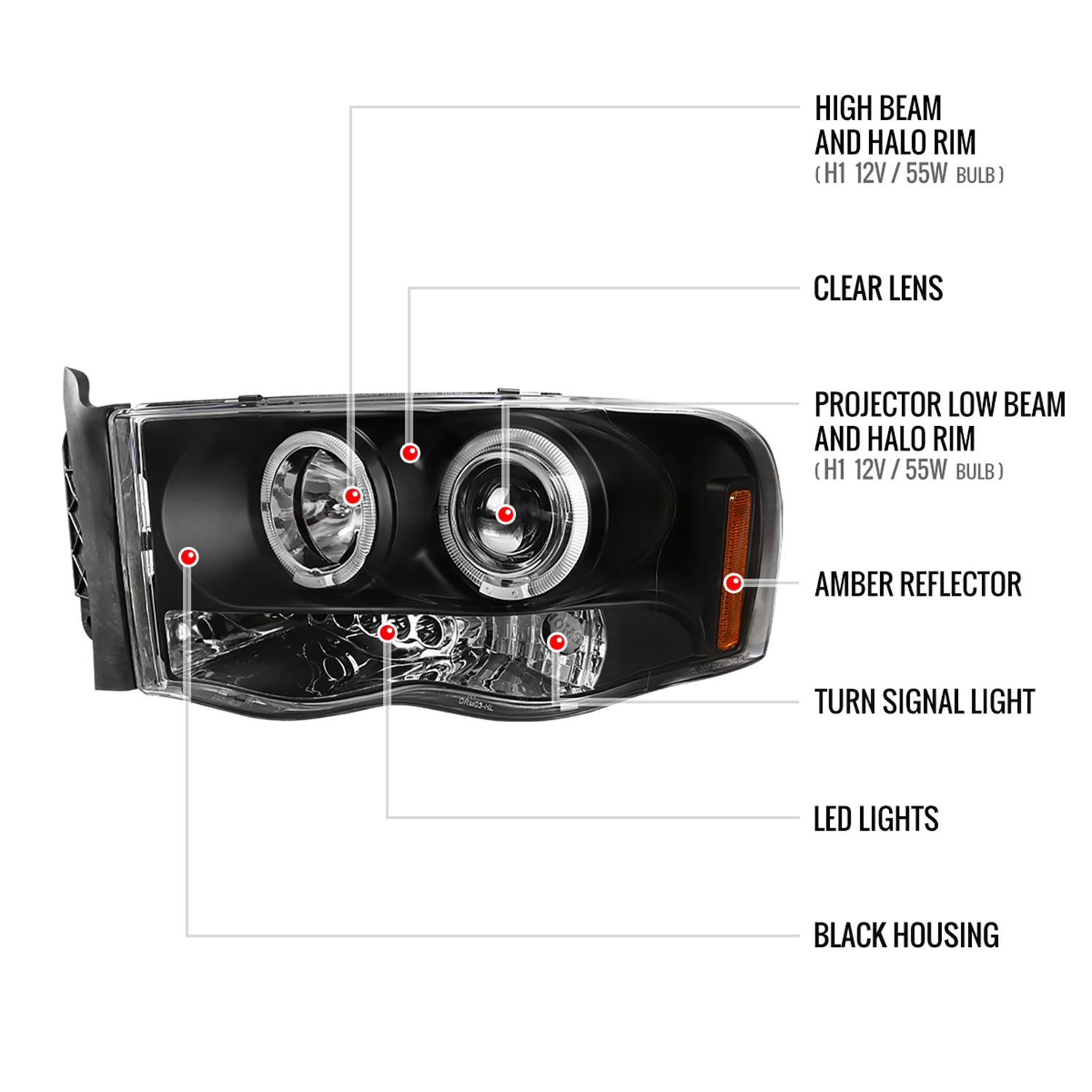 2002-2005 Dodge RAM 1500/ RAM 2500 3500 Dual Halo Headlights Matte Black