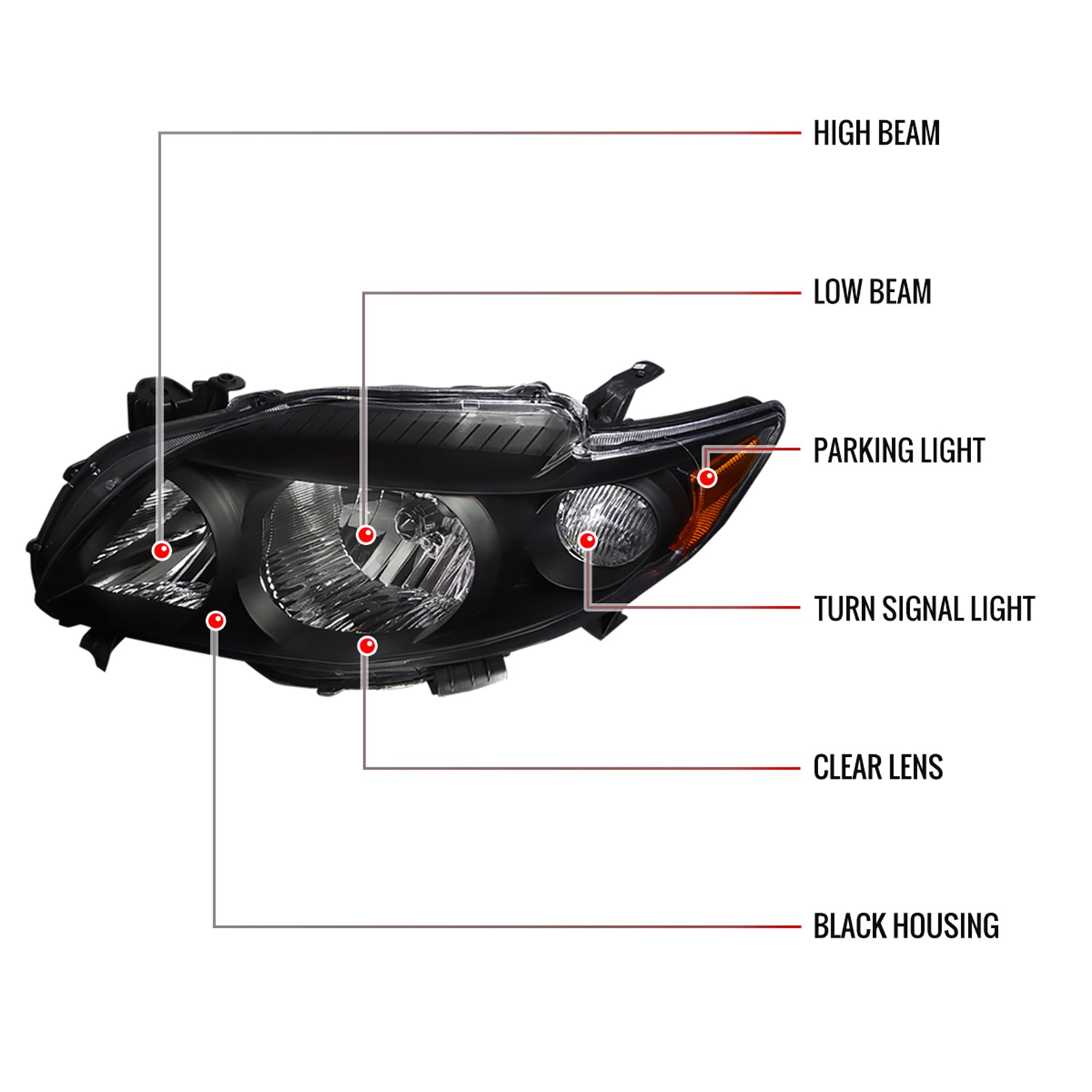 2009-2010 Toyota Corolla Factory Crystal Headlights Amber Reflector Matt Black
