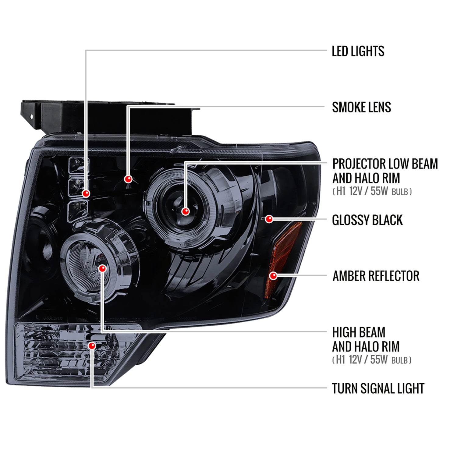 2009-2014 Ford F-150 Dual Halo Projector Headlights Glossy Black/Smoke Lens