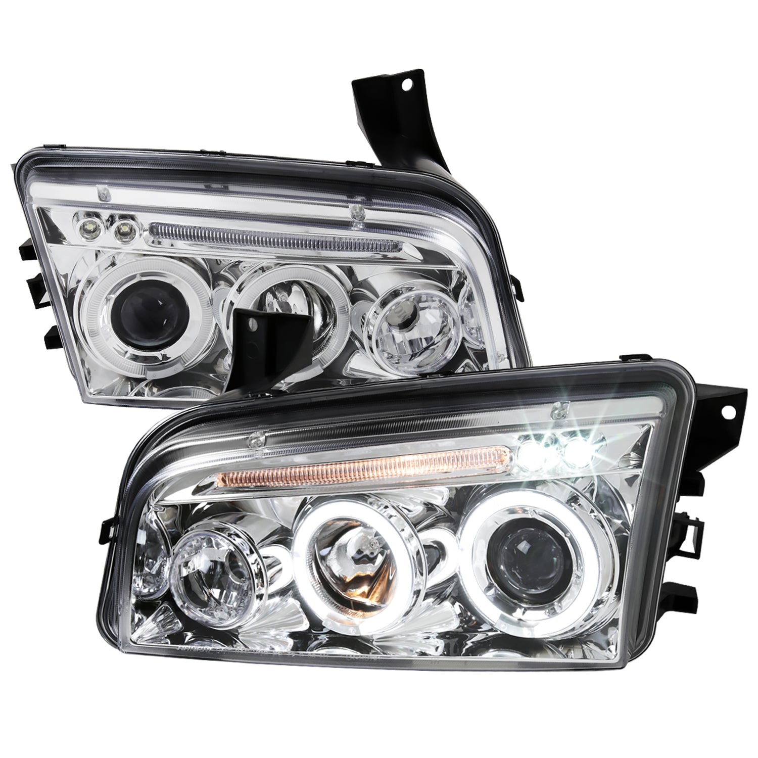 2005-2010 Dodge Charger Dual Halo Projector Headlights Chrome/Clear Lens