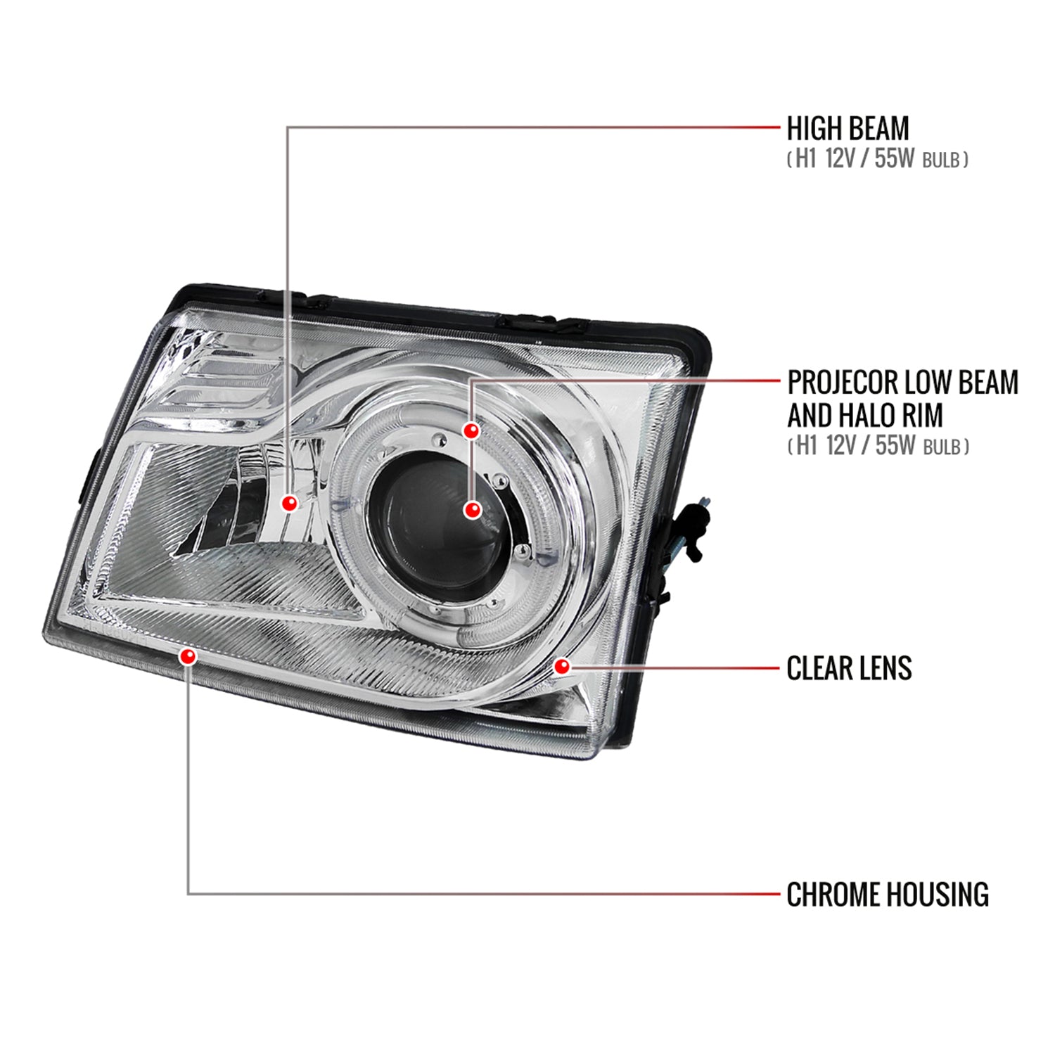 1998-2000 Ford Ranger Halo Projector Headlights Chrome Housing/Clear Lens
