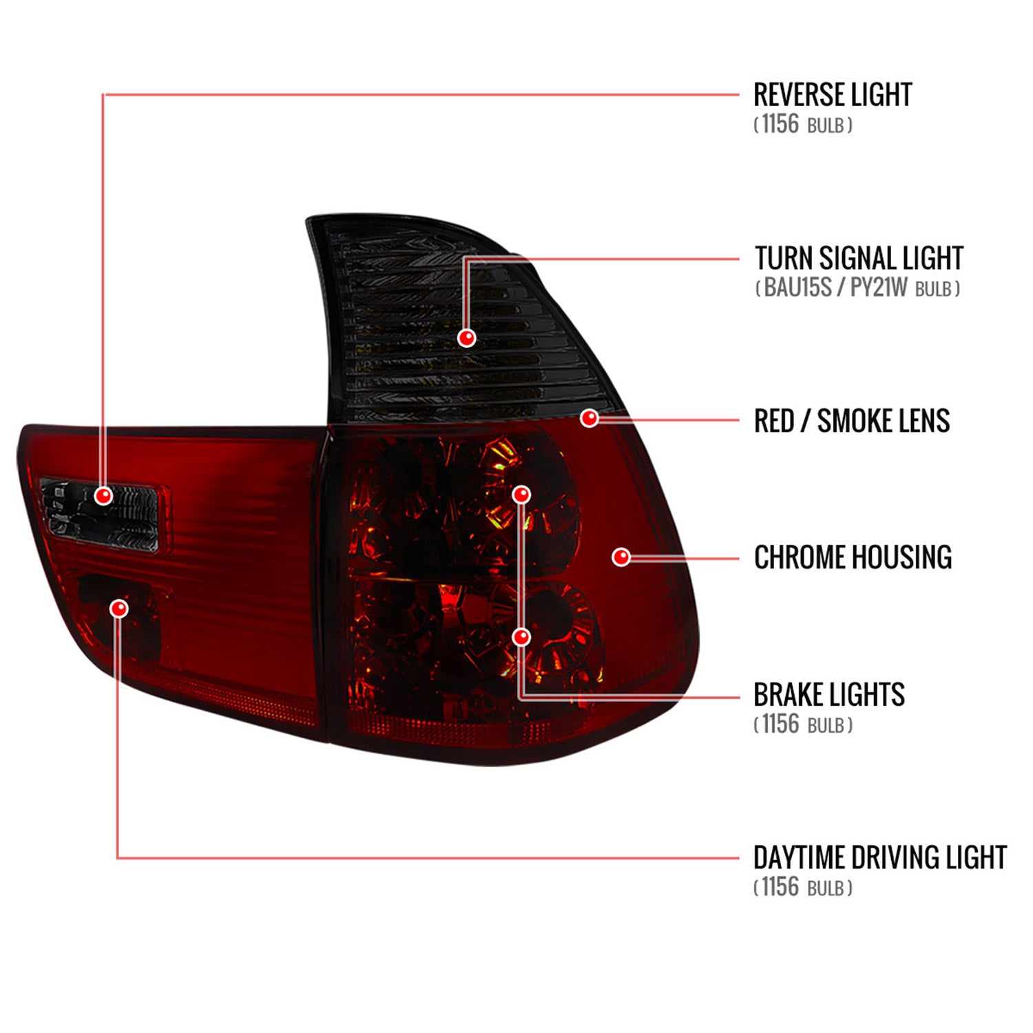 2000-2006 BMW E53 X5 Tail Lights - APC Chrome Housing/Red Smoke Lens