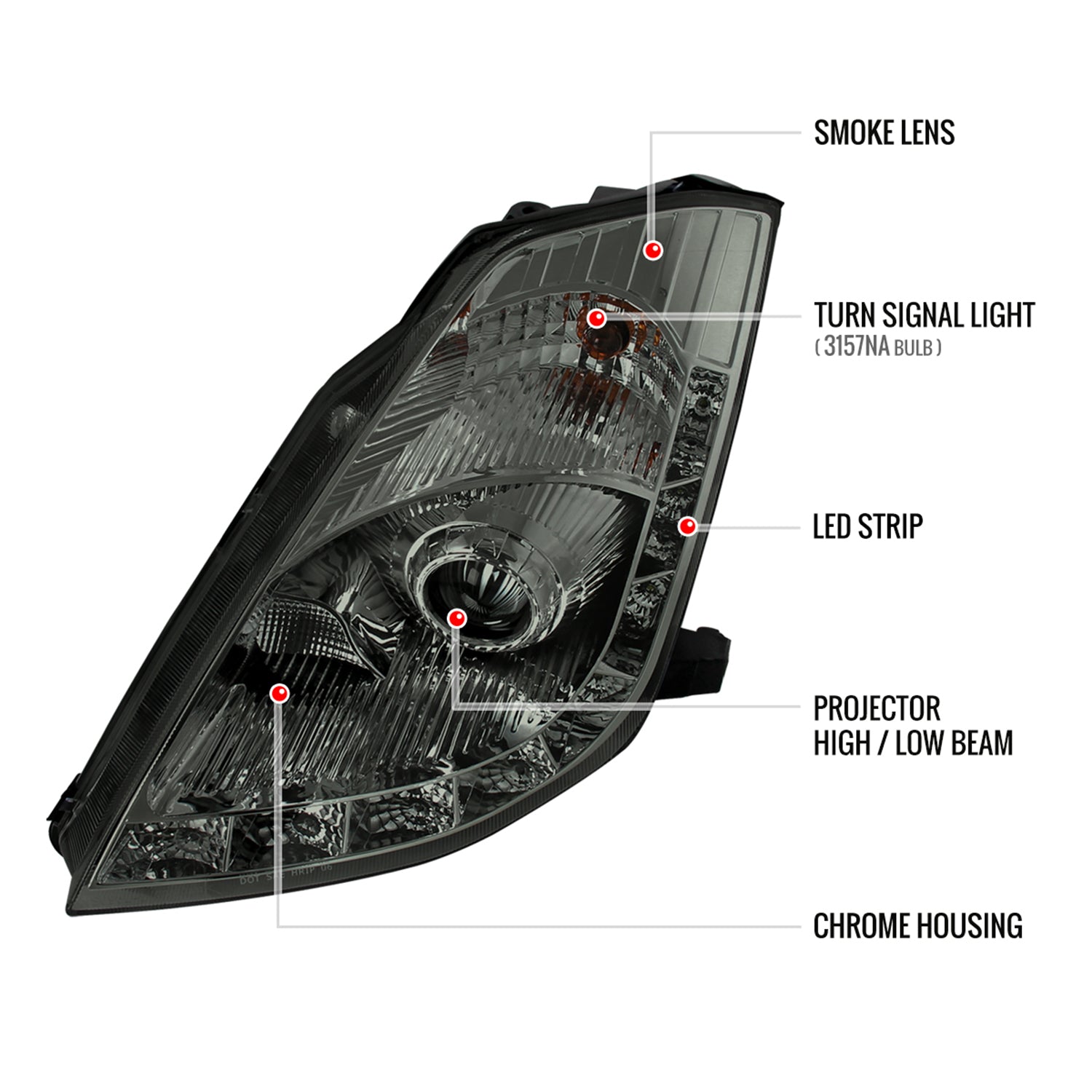 2006-2009 Nissan 350Z SMD LED Light Strip Projector Headlights Chrome/Smoke