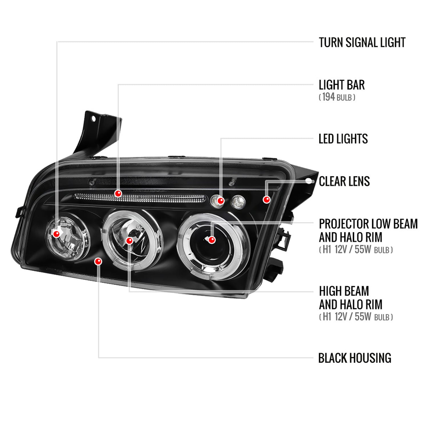 2005-2010 Dodge Charger Dual Halo Projector Headlights Matte Black/Clear Lens