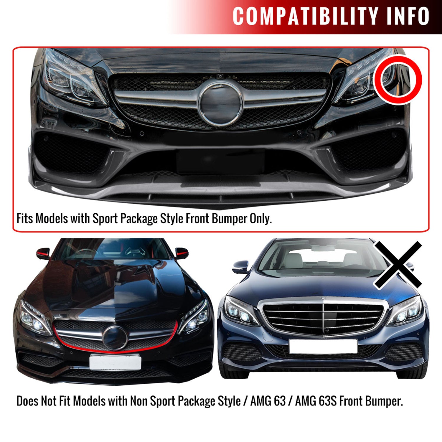 2015-2018 Mercedes W205 C Class Glossy Black/Red Front Bumper Lip Splitter Kit