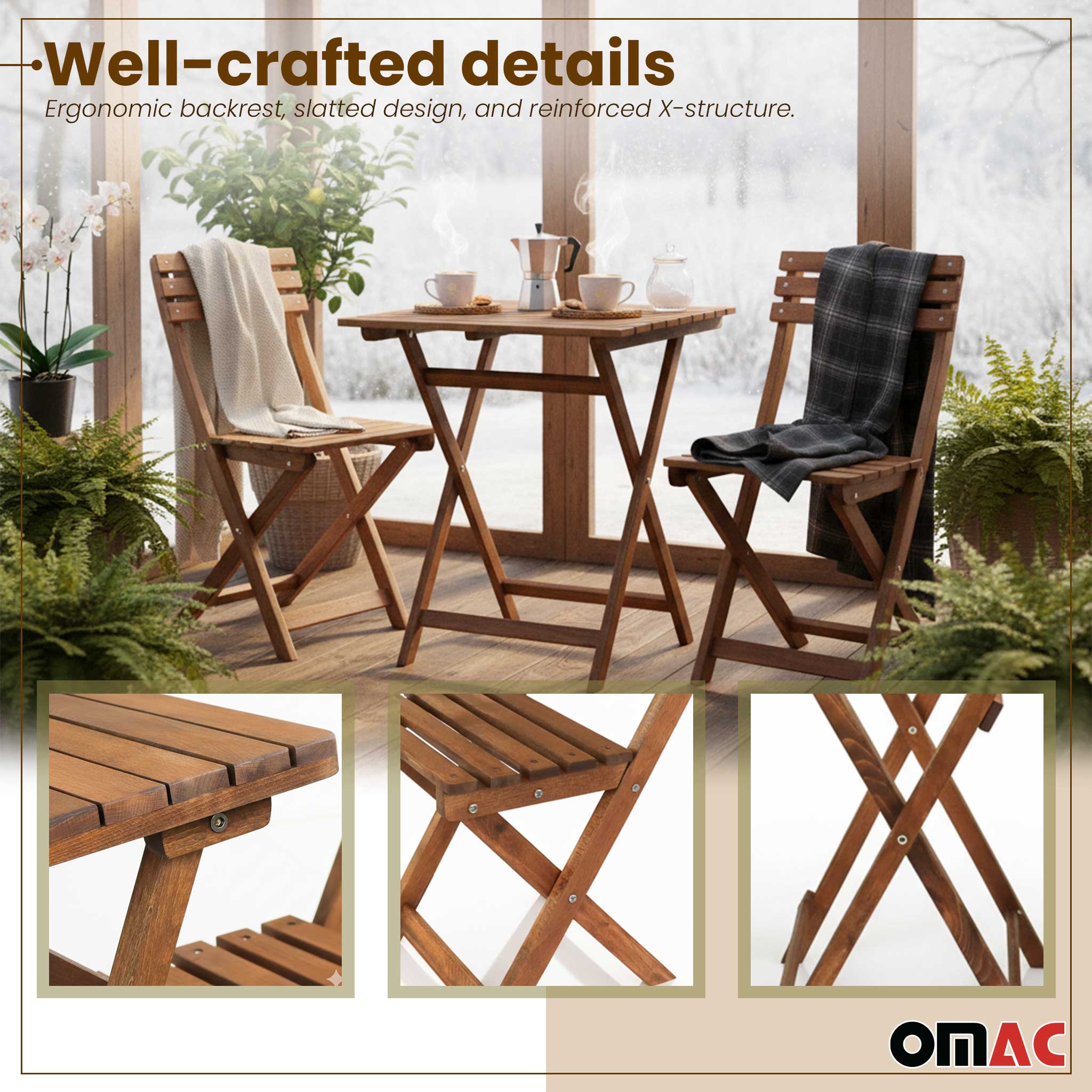 3Pcs Folding Wooden Bistro Set Dining Indoor Outdoor Furniture BBQ Picnic Party