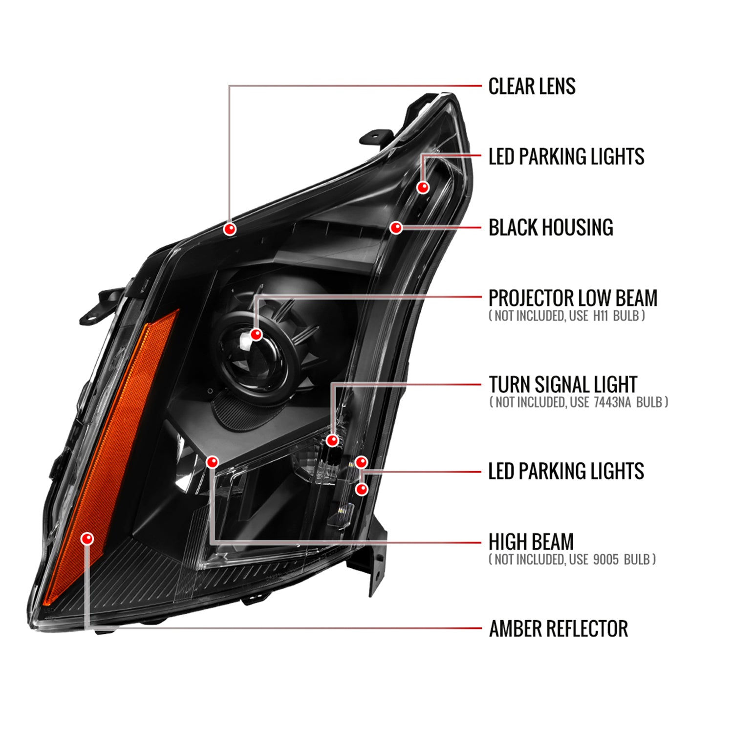 2010-2016 Cadillac SRX Projector Headlights Matte Black Housing/Clear Lens